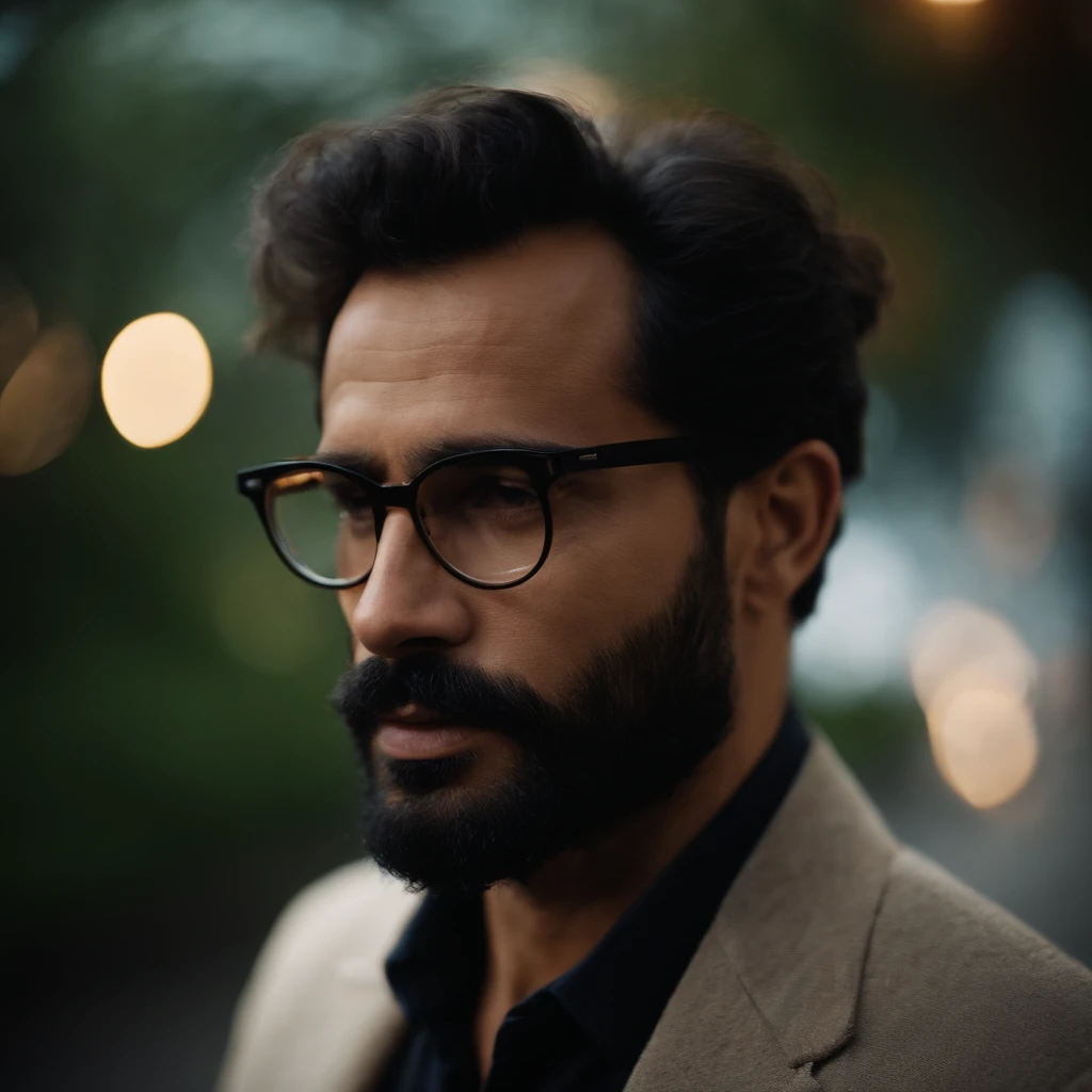 qualidade de filme, 1 man in heaven, close-up, escuro, soft-lighting, noite estrelada, Handsome man wearing round glasses, olhando para o viewer, olhos azuis, cabelo preto, barba preta