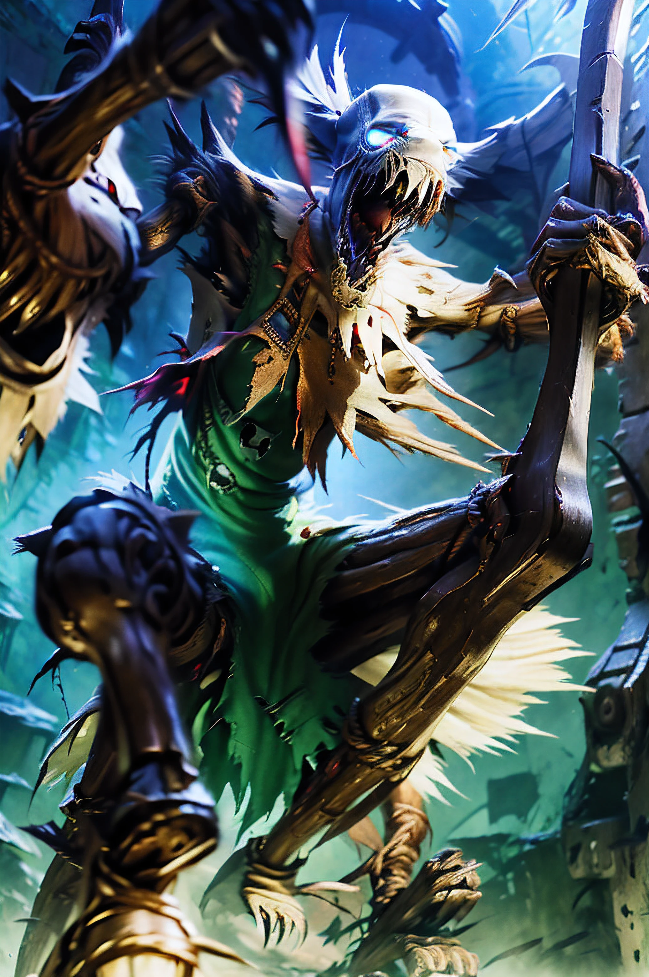 1boy,male, ((fiddlesticks)), ((long boney fingers)) fiddlesticks, focus, torn clothes, legs, arms, hands, detailed face, monster ,teeth ,glowing eyes ,claws, no humans, realistic, intricate details,