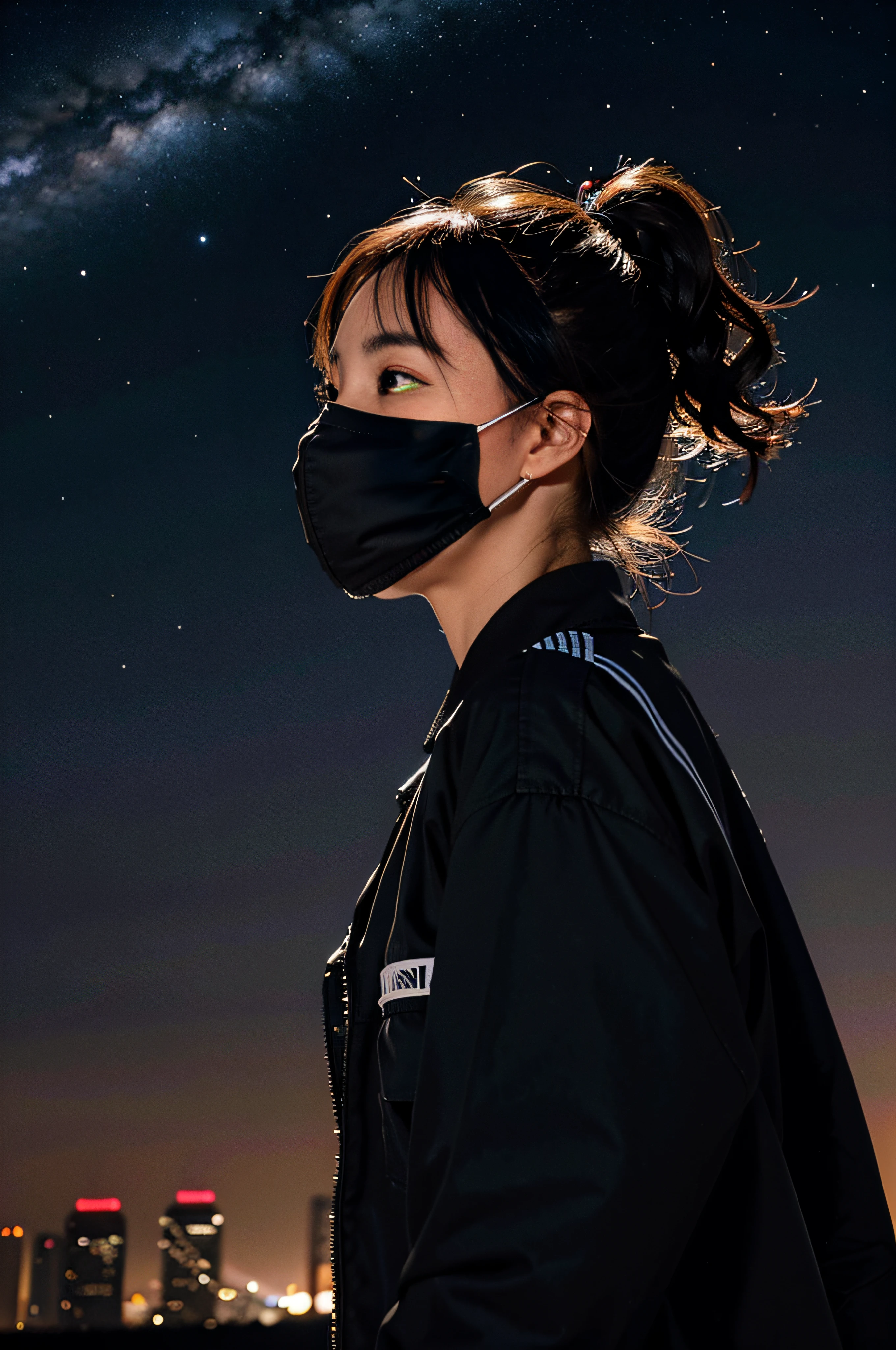 1Girl, tech wear jacket, night setting, mask, very detailed stars in sky, Milky Way in sky, low angle, majestic, 8K, 16K, urbansamurai, side view, she is looking at the night sky
