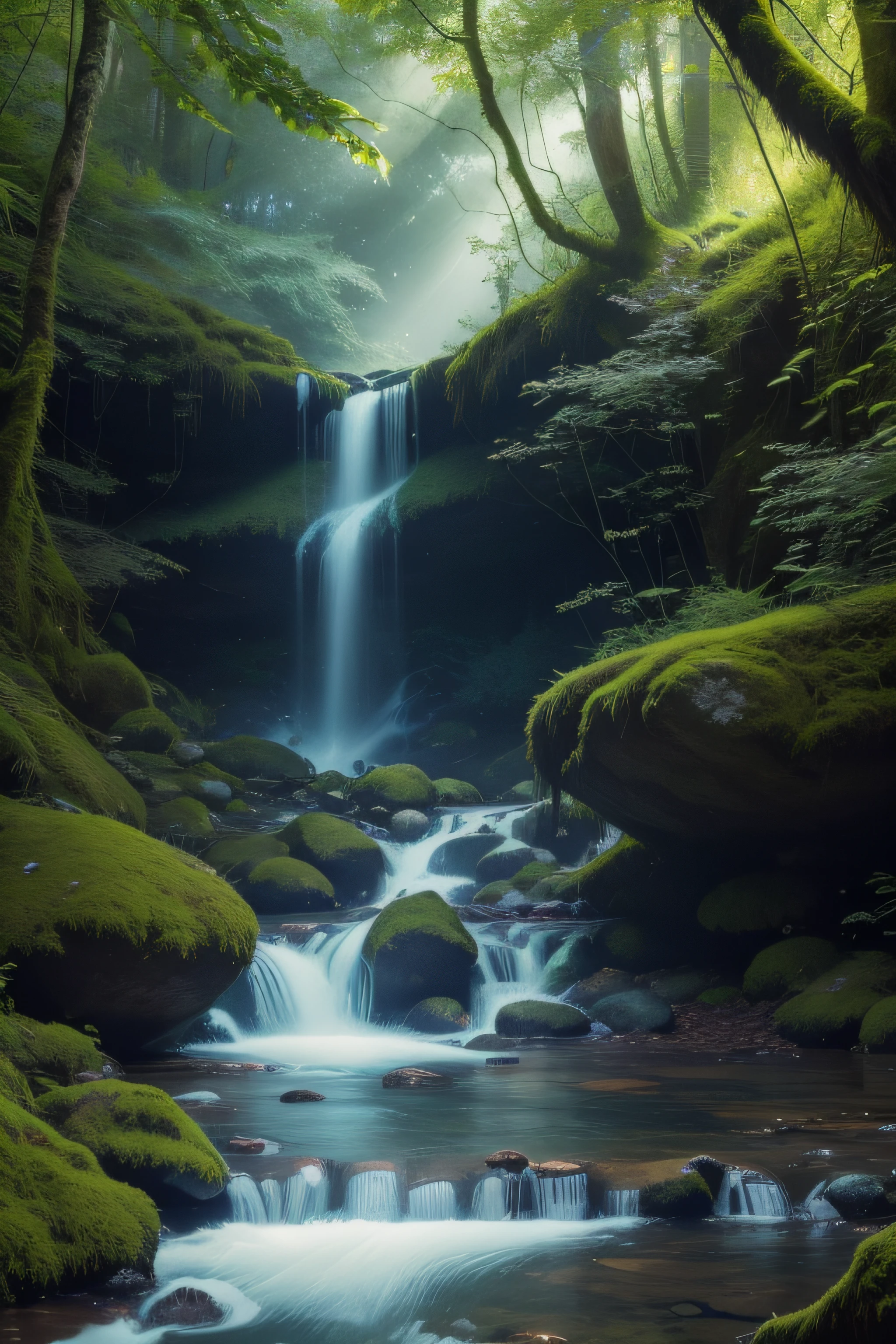 (best quality,4k,8k,highres,masterpiece:1.2),ultra-detailed,(realistic,photorealistic,photo-realistic:1.37),enchanted forest,serene stream,natural beauty,sunlight filtering through the treetops,tranquil atmosphere,fairies dancing in the glimmers of light,mystical creatures camouflaged among the foliage,lush greenery flourishing in every corner,peaceful sounds of birds chirping and water flowing,whispering leaves rustling in the gentle breeze,delicate wildflowers blooming along the stream,butterflies fluttering their vibrant wings,light beams creating a captivating play of shadows,colorful moss-covered rocks by the stream,tall majestic trees reaching towards the sky,canopy of leaves providing a soothing shade,clear water reflecting the beauty of nature,sun rays illuminating the forest floor with a magical glow