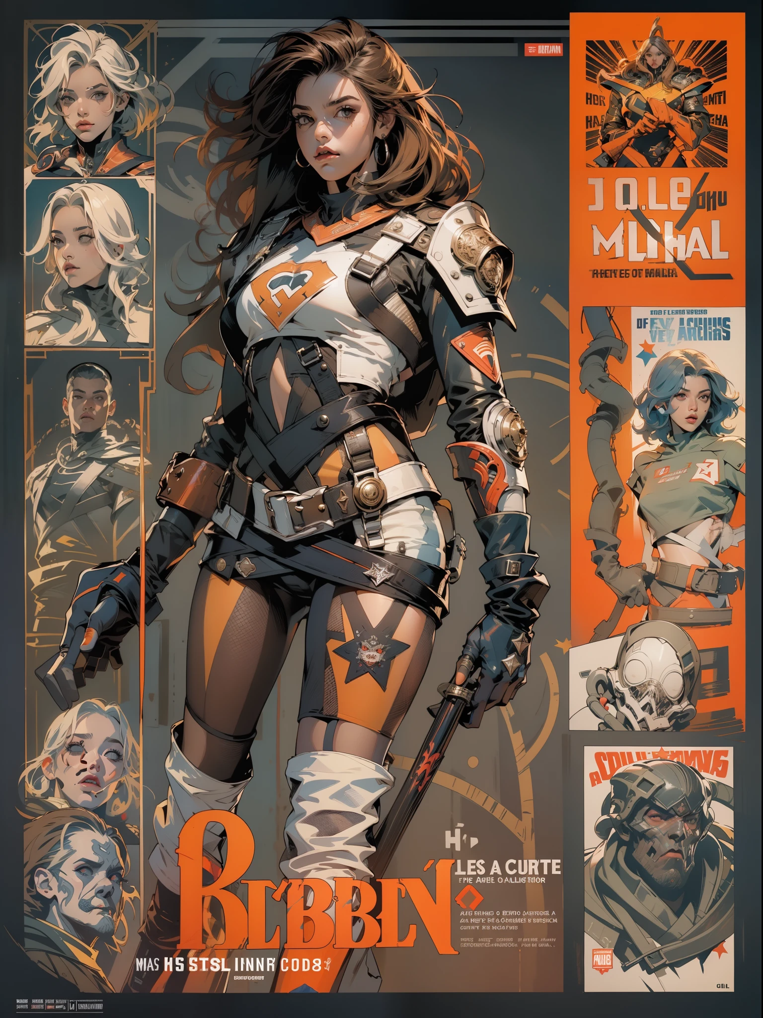 (((mulher))), (((melhor qualidade))), (((obra prima))), (((adulto))), (((1girl))), ((( corte de cabelo bob ))), Uma gladiadora cyberpunk mulher de 25 anos com corpo perfeito, shoulder pads with metal spines, Gladiadores do Brooklyn, (( corte de cabelo bob )), tiny leather panties, camiseta de time de rugby rasgada, quase nua no estilo selvagem urbano de Simon Bisley para a capa da revista Heavy Metal, Cabelo loiro curto, Minimum clothing, Metal protection on the left arm with intricate graphics, dark orange with white stars and checkerboard pattern white and navy blue and copper, armadura, cheio de pontas e rebites, (((do joelho pra cima))), cabelos loiro branco curto, no fundo uma parede pintada por Shepard Fairey com um design intrincado