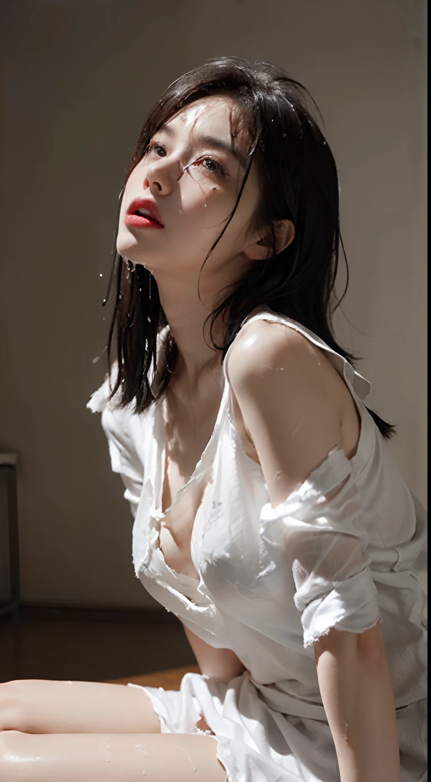 (Photorealsitic:1.4)、Woman with open mouth、(Emphasis on a big mouth: 1.2)、top-quality、extremely delicate and beautiful、hight resolution、beautiful  lighting、、((((Dark background with nothing))))、1girl in、Tifa_lockhart、full body Esbian、Tied to bed、Black T-Bag、Lower breast、Shoulder、Navel Ejection、(Torn white shirt:1.5)、A dark-haired、length hair、elbowgloves、Beautiful detailed red eyes、Facial light、Since a while ago、(from the front side、a closeup:1.5)、、(Realistic in anime style、Lying in the dark、）、Japanese Bondage、bind、ropes、Bend your knees and open your legs wide、lighting on the face、illuminating、(The upper part of the body)、Face distorted by pain、(Pang、shout out:1.4)、(Tears dripping from the mouth)、(Looking Up)、(Staring overhead)、Wet eye makeup、face perfect、(Ultra-detailed eyesnose-mouth-tongue)、(begging forgiveness)、((Spray a large amount of white translucent sticky liquid on the inside of the thigh on the inner thigh.、skin is wet))、Abundant tears、Heavy drool、I was violently attacked by multiple men、All torn clothes、Torn underwear、At a loss、Beautiful breasts like a work of art、Artistic areola、artistic and perfect papillae,,,,,,,,,,,,,、Artistic udder、Beautiful pubic area like a work of art、Draw the pubic area clearly、Artistic female genitalia、Sexual References、stark naked、Attacked by a man、