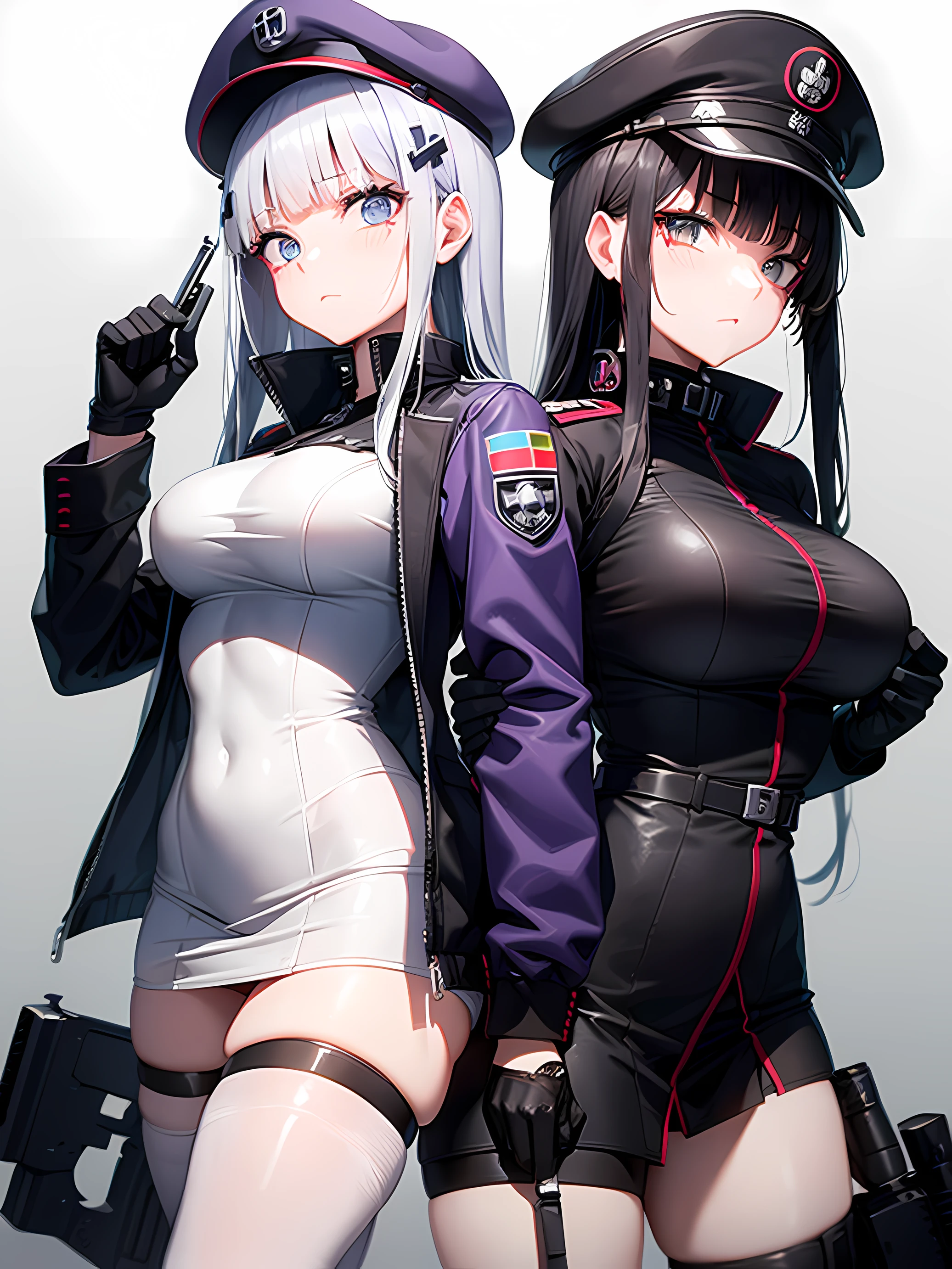 playboy bunny, gun, leotard, pantyhose, animal ears, solo, black leotard, long hair, brown hair, rabbit ears, bowtie, (dark skin:1.4), (dark-skinned female:1.4), bow, detached collar, rifle, wrist cuffs, strapless leotard, holding gun, holding, fake animal ears, very long hair, yellow eyes, strapless, bangs, black bow,mature female,shiny,shiny skin,huge breasts,(noir \(nikke\):1.4)