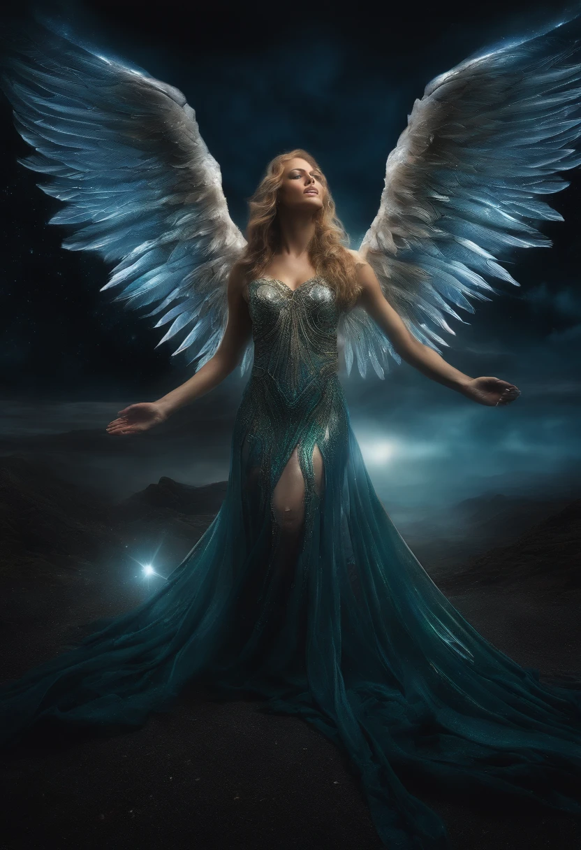 cosmic fallen angel, olhos claros brilhantes, Biomechanicals, estranho, assustador, Pesadelo, cores muito brilhantes, light particles, com luz brilhante, Mshiff, 16x9, cromatic
