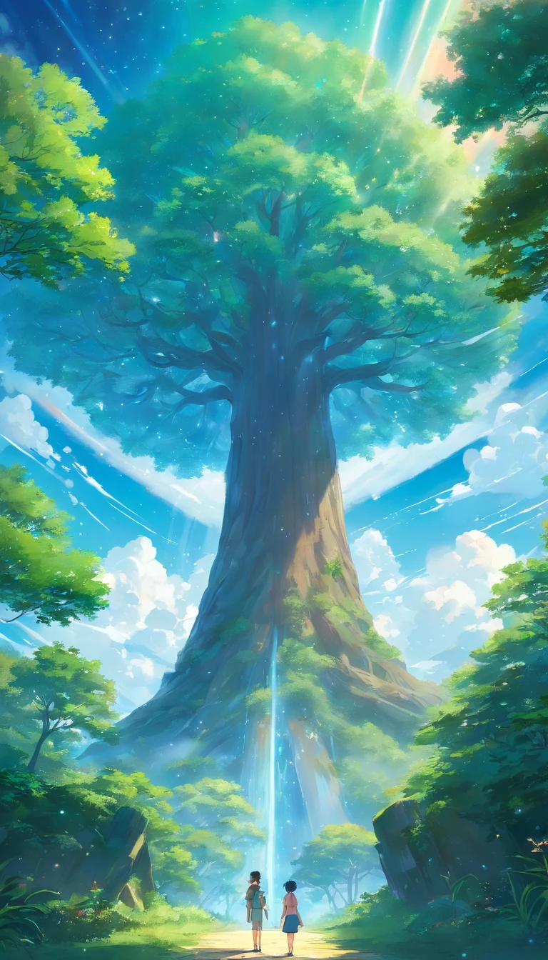 Illustration of a hyperrealistic scene, de outro mundo, Ultrasky with full body of a giant crystal tree, Very detailed and magical lighting, detalhes intrincados da floresta, vegetation and river around, solarpunk, paisagem, giant tree, beautiful leaves with beautiful lighting and realistic proportions, as if it were a cinematic background, 8k, max quality, obra-prima, Clouds and stars in the sky. com um menino de 5 a 10 anos e um portal magico