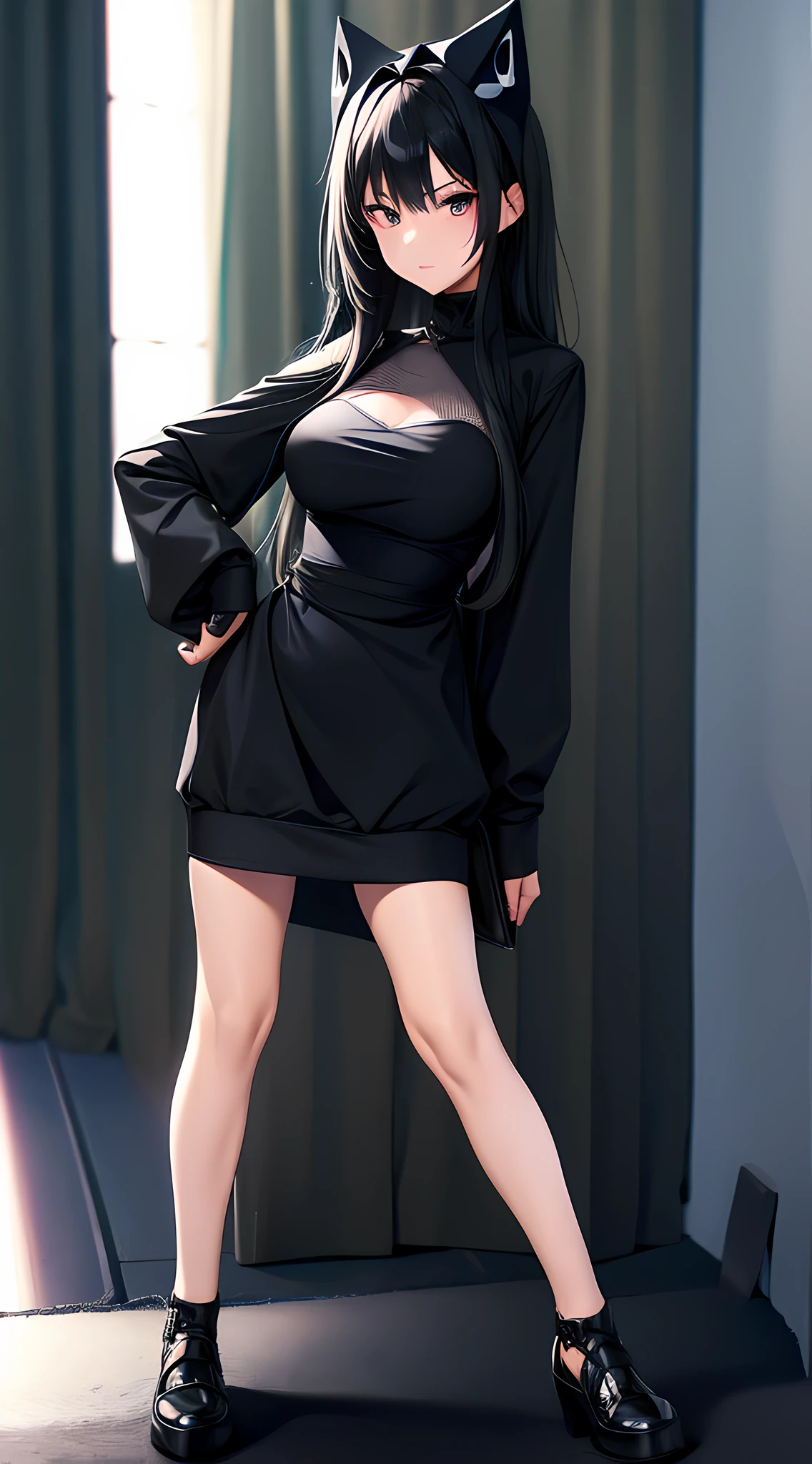 full body, 1 girl, there is a 1 women standing with a mask on, wearing all black mask, wearing black/grey dress, e-girl, anime goth girl, absurdres, high res, ultra sharp, 8K, masterpiece, looking at viewer