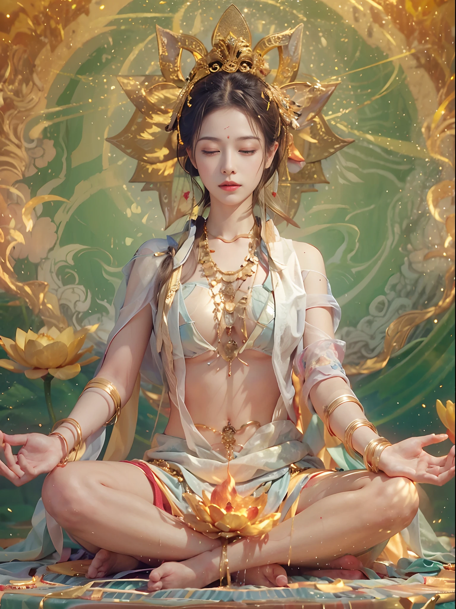 Naked female bodhisattva , Super beautiful, 8K, Super big breasts, Meditating, A transparent pale white cloth covered a small part of her body, (Do yoga lotus sitting),(sitting on a lotus flower), Golden-glowing magic arrays swirled behind her, A magical aura surrounded her part, magical, fantasy, Male and female gender background, (4 elements, Fire, water, Surround it),(Normal hands and feet)