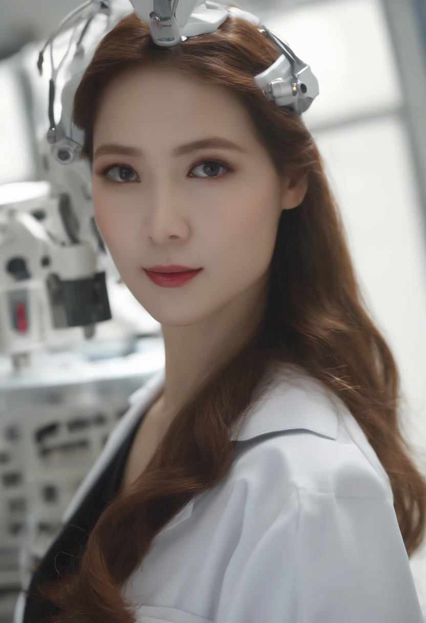 (8K、top-quality、​masterpiece:1.2)、(reallistic、Photorealsitic:1.37)、The ultra-detailliert、superrealism、tre anatomically correct、Female doctor repairing standing female robot、Human male head、Mechanical fuselage、hospitals、Operating table、surgery、Female doctor in white coat、Bloods、heart mark、viscera