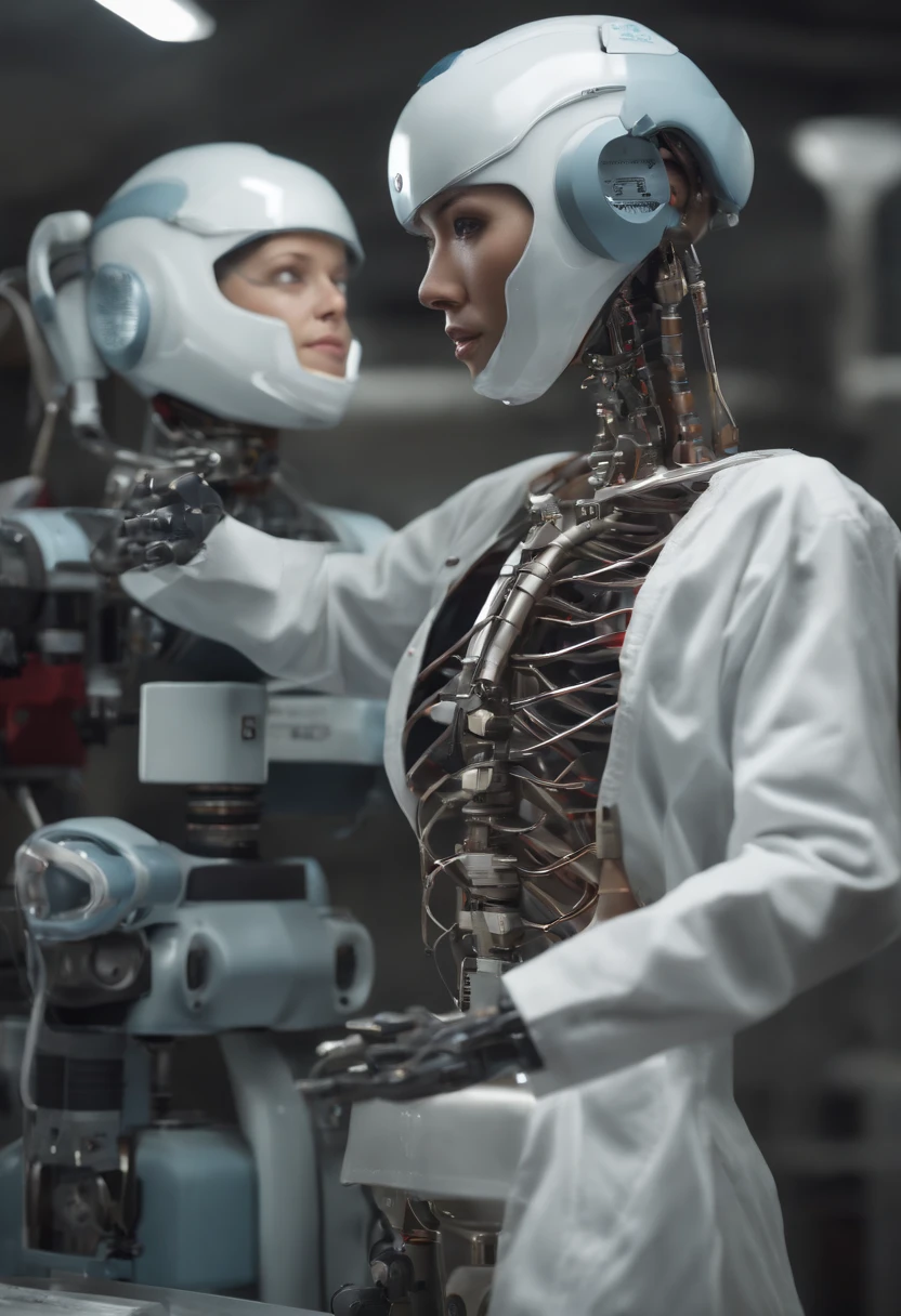 (8K、top-quality、masterpiece:1.2)、(reallistic、Photorealsitic:1.37)、The ultra-detailliert、superrealism、tre anatomically correct、Female doctor repairing standing female robot、Human male head、Mechanical fuselage、hospitals、Operating table、surgery、Female doctor in white coat、Bloods、heart mark、viscera