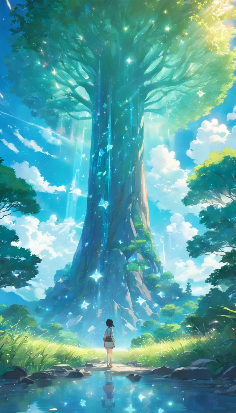 Illustration of a hyperrealistic scene, de outro mundo, Entire ultrasky of a giant crystal tree, Very detailed and magical lighting, detalhes intrincados da floresta, vegetation and river around, solarpunk, Paisagem, giant tree, beautiful leaves with beautiful lighting and realistic proportions, as if it were a cinematic background, 8k, max quality, obra-prima, Clouds and stars in the sky. com um menino de 5 a 10 anos e um portal magico