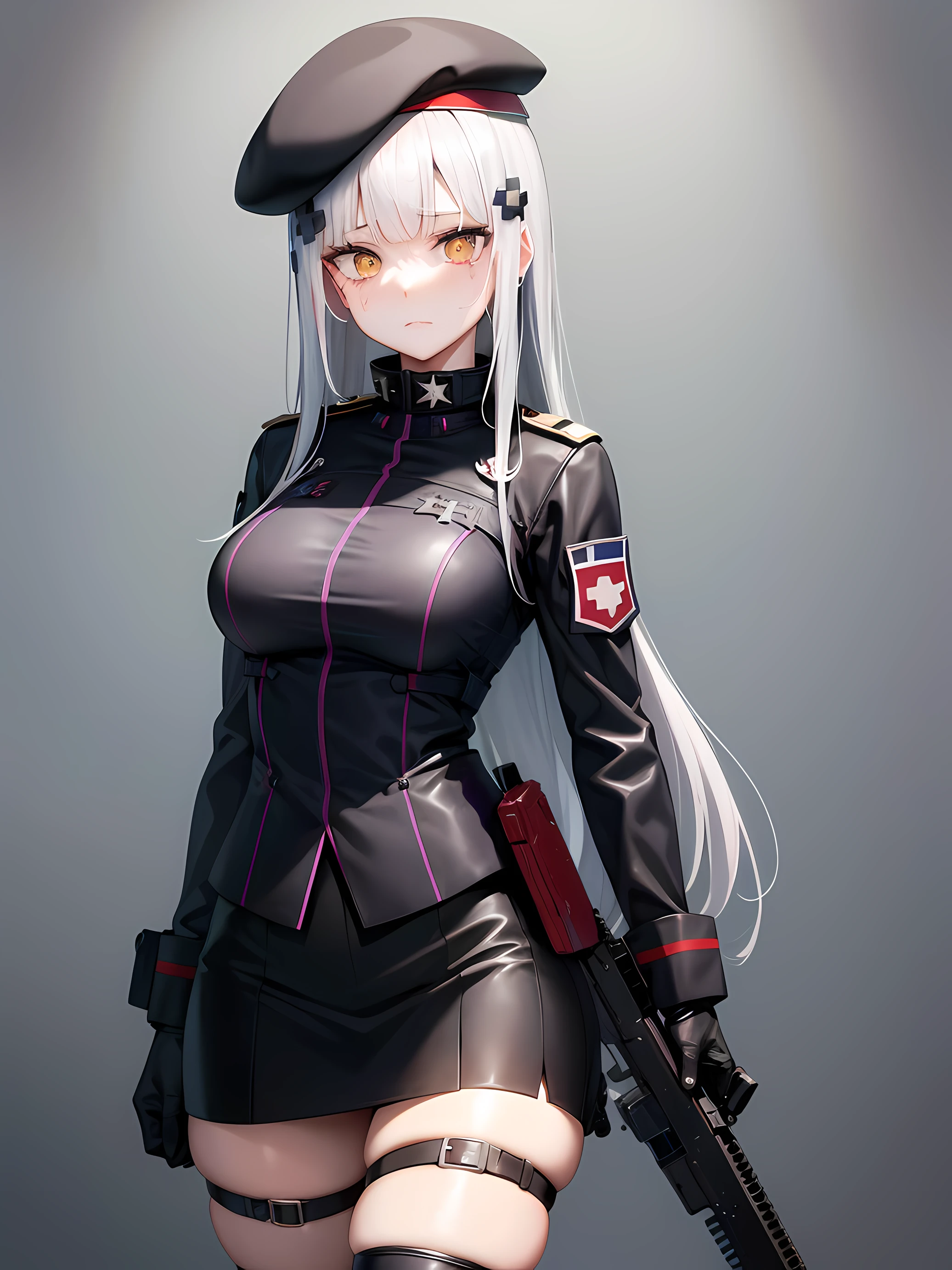 She a tall and colt girl, she is a military tactical doll, she has a black hat with red line and purple jacket with black arm parts, right thigh a brown peastol case with USPS handgun, in her arm a HK416 assaultrifle, white gloves, purple mini skirt with thigh black stockings, high-heeled boots, the German special forces KSK's beret and beret badge, 'Kommando Spezialkräfte' being written on her chest, and the hair pin design being based on the German Iron Cross, while the high collar design was inspired by the Bundeswehr's combat uniform. By the way, the teardrop on her face symbolizes vengeance~ The 'blood tear' tattoo under HK416's left eye.