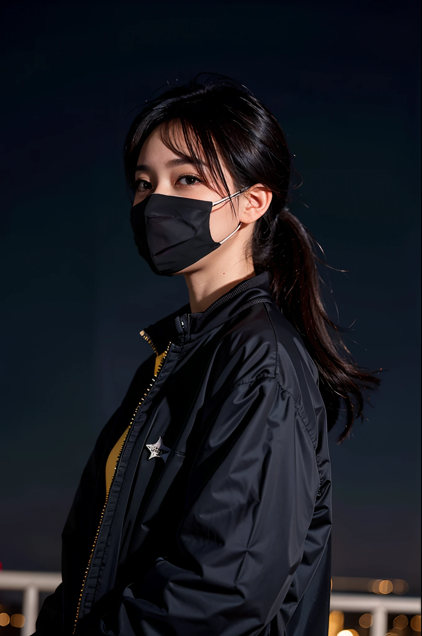 1Girl, tech wear jacket, night setting, mask, very detailed stars in sky, Milky Way in sky, low angle, majestic, 8K, 16K, urbansamurai, side view, she is looking at the night sky, side profile, portrait