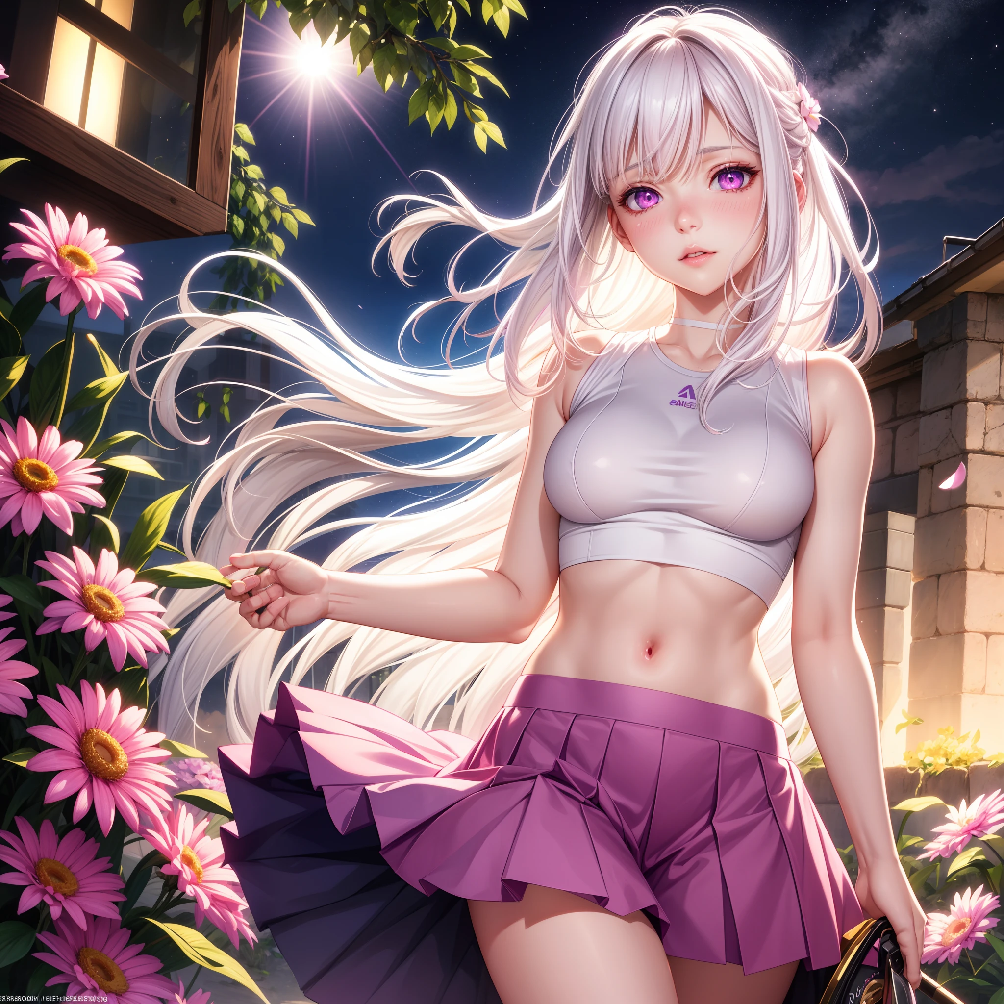 realistic, 1girl, white hair, purple eyes, glowing eyes, pink tight crop top, tennis skirt, parted lips, blush, night, flowers, sun, sunlight, looking at the viewer