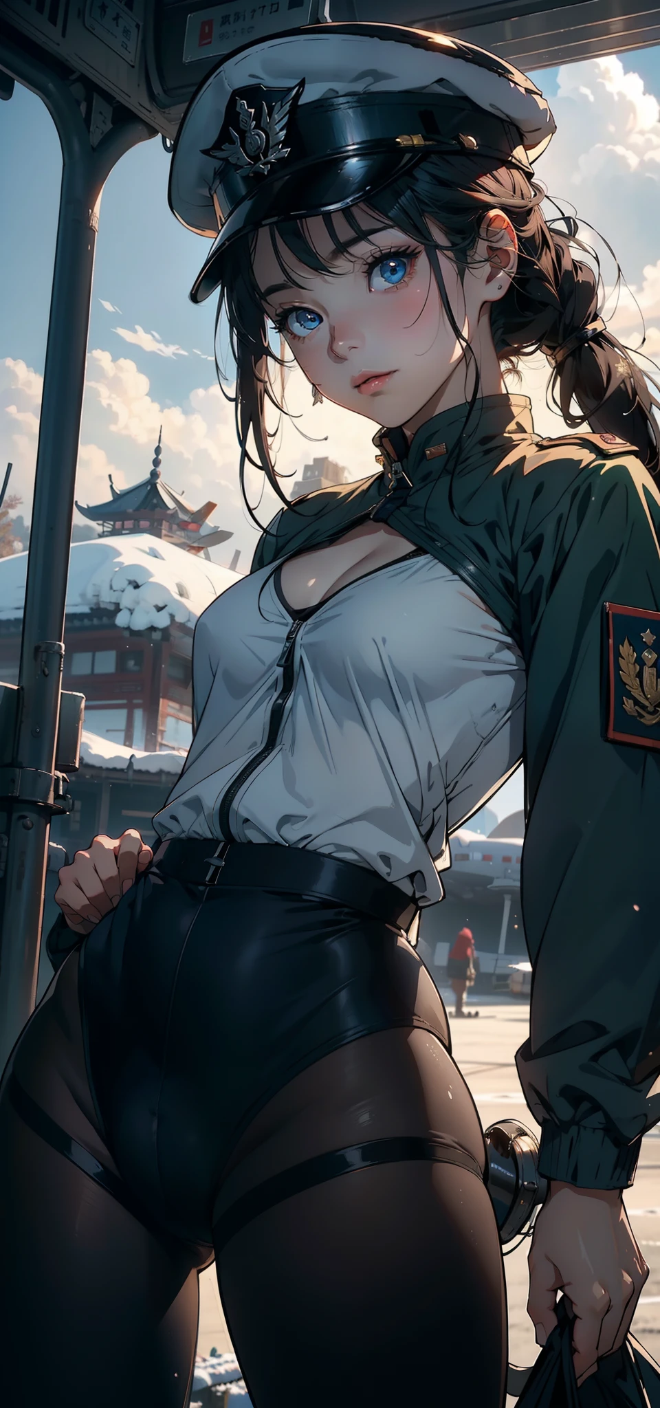 1female，3 years old，Small loli，smallunderboob， 独奏，（Background with：aerodrome，Planes，snow mountains，at winter season，Snow on the ground） She has long black hair，Double ponytail standing on the plane，，seen from the front， hair straight， mostly cloudy sky，（（（tmasterpiece），（Very detailed CG unity 8K wallpaper），best qualtiy，cinmatic lighting，detailed back ground，beatiful detailed eyes，Bright pupils，Blue eyes，（Very fine and beautiful），（Beautiful and detailed eye description），ultra - detailed，tmasterpiece，）），facing at camera，A high resolution，ultra - detailed），revealing breasts，Bare genitalia，  Bulge，legs are open，Raised sexy，Camel toes，Flushed complexion，Desire for dissatisfaction，frontage，Chinese Air Force，Officer's cap（Wearing：Dark green bomber jacket，Black pantyhose）