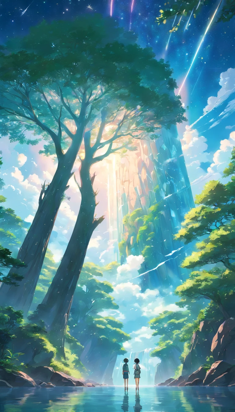 Illustration of a hyperrealistic scene, de outro mundo, Ultrasky with full body of a giant crystal tree, Very detailed and magical lighting, detalhes intrincados da floresta, vegetation and river around, solarpunk, Paisagem, giant tree, beautiful leaves with beautiful lighting and realistic proportions, as if it were a cinematic background, 8k, max quality, obra-prima, Clouds and stars in the sky. com um esplorador de 5 a 10 anos e um portal magico