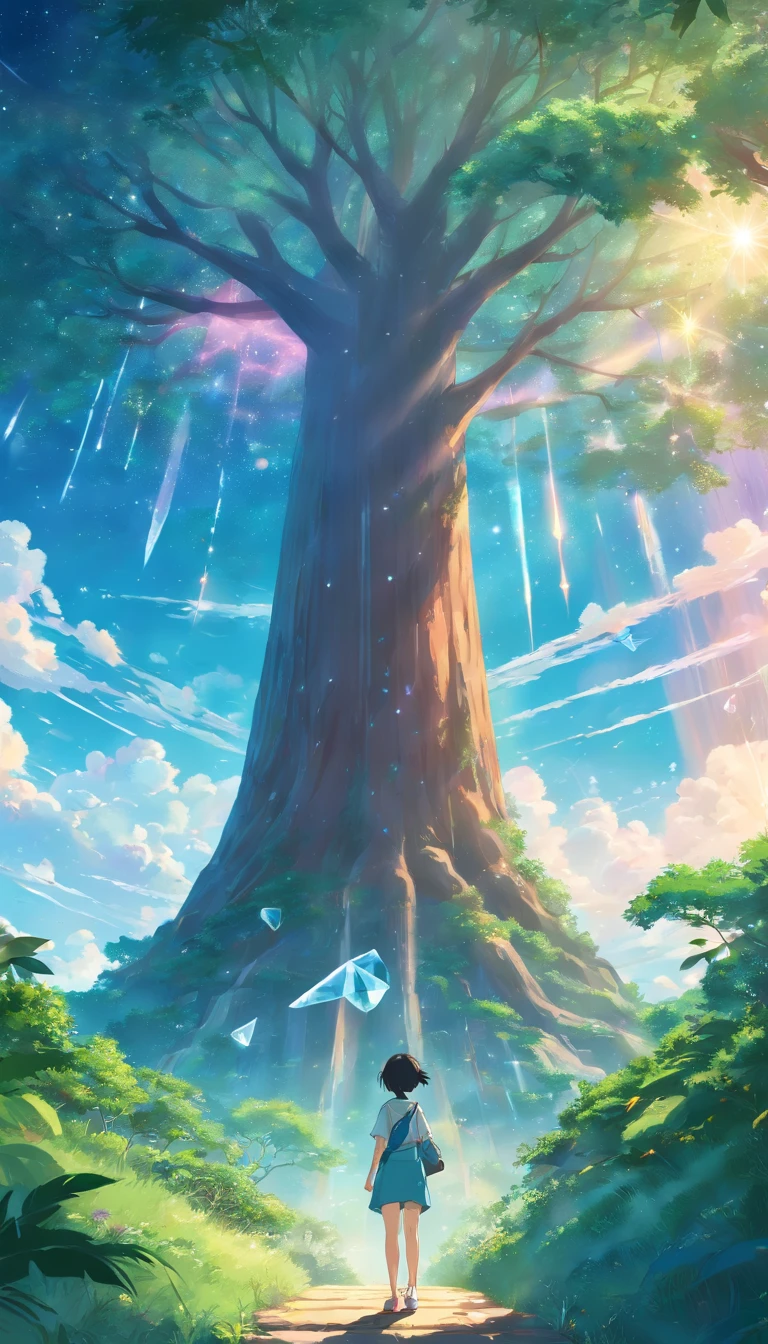 Illustration of a hyperrealistic scene, de outro mundo, Ultrasky with full body of a giant crystal tree, Very detailed and magical lighting, detalhes intrincados da floresta, vegetation and river around, solarpunk, Paisagem, giant tree, beautiful leaves with beautiful lighting and realistic proportions, as if it were a cinematic background, 8k, max quality, obra-prima, Clouds and stars in the sky. com um menino esplorador de 5 a 10 anos e um portal magico