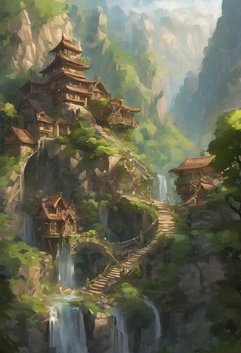 Nestled gracefully within the craggy embrace of towering, verdant mountains, this ethereal elven village stands as a testament to the harmonious union between elven craftsmanship and the natural world. Perched against the steep, emerald-clad terrain, its homes and pathways are a masterful blend of elven artistry and the sturdiness of stone and marble. Elaborate, spiral staircases of finely polished marble connect the dwellings, while slender bridges of intricately carved stone span glistening streams and cascading waterfalls, linking the tiers of this sylvan settlement.
The villagers' homes are sculpted from the very mountains themselves, their walls crafted from sturdy stone adorned with delicate marble reliefs depicting scenes of nature's beauty. Towering columns of gleaming marble support intricately carved wooden balconies, where residents gather to commune with the breathtaking vistas of soaring peaks and serene valleys. Wisps of vine and ivy, carefully cultivated, trace their way up the stone walls, lending a touch of nature's grace to the stately structures.
Beyond the mountains' embrace, a dense forest of ancient oak and silver-leafed aspen extends its verdant fingers toward the village. Here, the elven inhabitants find solace and sustenance, gathering herbs, forage, and the finest timbers for their graceful craftsmanship. The air is a tapestry of woodland scents, infused with the fragrant embrace of blooming wildflowers and the songs of countless birds.
In this elven haven, where stone and marble stand as both testament to their artistry and a symbol of enduring strength, the villagers exemplify the spirit of the woods they call home—resilient and resourceful, deeply connected to both the formidable mountains and the enchanting forest that cradles their timeless community.