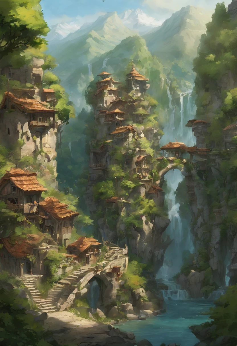 Nestled gracefully within the craggy embrace of towering, verdant mountains, this ethereal elven village stands as a testament to the harmonious union between elven craftsmanship and the natural world. Perched against the steep, emerald-clad terrain, its homes and pathways are a masterful blend of elven artistry and the sturdiness of stone and marble. Elaborate, spiral staircases of finely polished marble connect the dwellings, while slender bridges of intricately carved stone span glistening streams and cascading waterfalls, linking the tiers of this sylvan settlement.

The villagers' homes are sculpted from the very mountains themselves, their walls crafted from sturdy stone adorned with delicate marble reliefs depicting scenes of nature's beauty. Towering columns of gleaming marble support intricately carved wooden balconies, where residents gather to commune with the breathtaking vistas of soaring peaks and serene valleys. Wisps of vine and ivy, carefully cultivated, trace their way up the stone walls, lending a touch of nature's grace to the stately structures.

Beyond the mountains' embrace, a dense forest of ancient oak and silver-leafed aspen extends its verdant fingers toward the village. Here, the elven inhabitants find solace and sustenance, gathering herbs, forage, and the finest timbers for their graceful craftsmanship. The air is a tapestry of woodland scents, infused with the fragrant embrace of blooming wildflowers and the songs of countless birds.

In this elven haven, where stone and marble stand as both testament to their artistry and a symbol of enduring strength, the villagers exemplify the spirit of the woods they call home—resilient and resourceful, deeply connected to both the formidable mountains and the enchanting forest that cradles their timeless community.