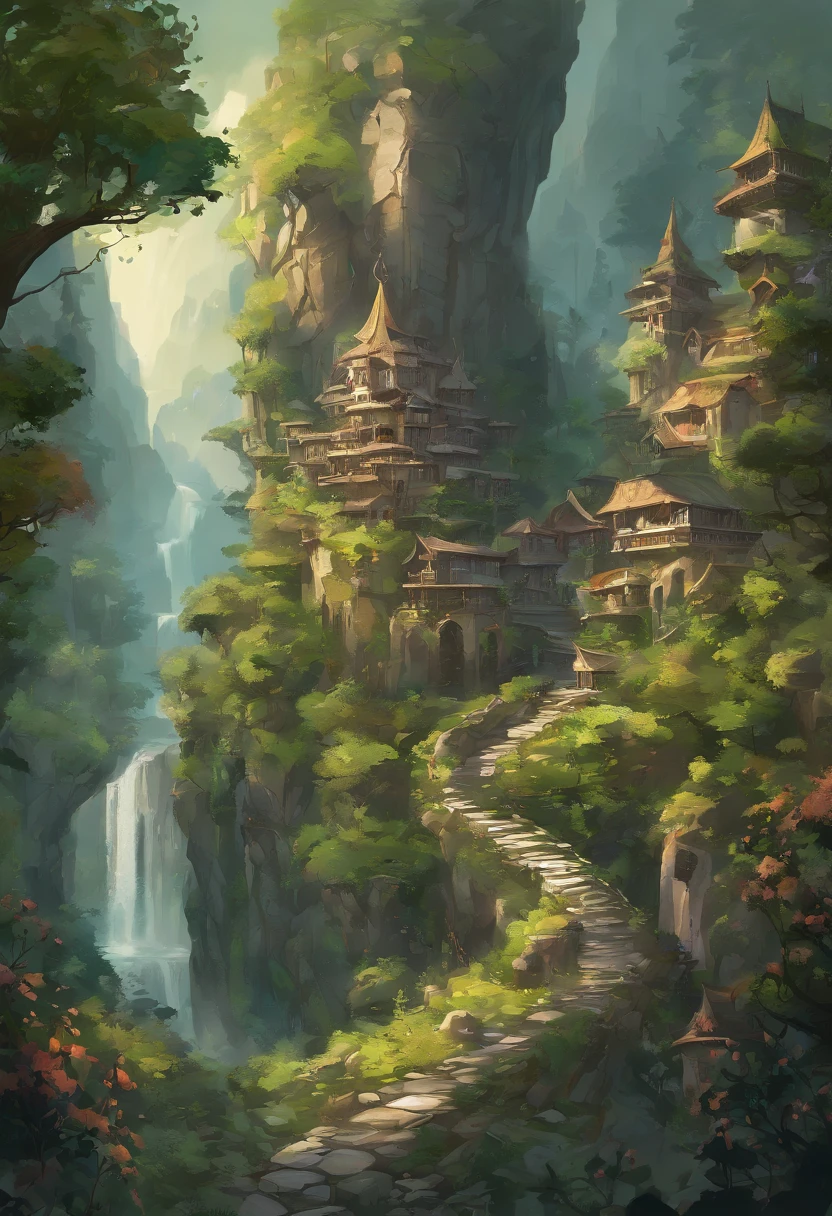 Nestled gracefully within the craggy embrace of towering, verdant mountains, this ethereal elven village stands as a testament to the harmonious union between elven craftsmanship and the natural world. Perched against the steep, emerald-clad terrain, its homes and pathways are a masterful blend of elven artistry and the sturdiness of stone and marble. Elaborate, spiral staircases of finely polished marble connect the dwellings, while slender bridges of intricately carved stone span glistening streams and cascading waterfalls, linking the tiers of this sylvan settlement.

The villagers' homes are sculpted from the very mountains themselves, their walls crafted from sturdy stone adorned with delicate marble reliefs depicting scenes of nature's beauty. Towering columns of gleaming marble support intricately carved wooden balconies, where residents gather to commune with the breathtaking vistas of soaring peaks and serene valleys. Wisps of vine and ivy, carefully cultivated, trace their way up the stone walls, lending a touch of nature's grace to the stately structures.

Beyond the mountains' embrace, a dense forest of ancient oak and silver-leafed aspen extends its verdant fingers toward the village. Here, the elven inhabitants find solace and sustenance, gathering herbs, forage, and the finest timbers for their graceful craftsmanship. The air is a tapestry of woodland scents, infused with the fragrant embrace of blooming wildflowers and the songs of countless birds.

In this elven haven, where stone and marble stand as both testament to their artistry and a symbol of enduring strength, the villagers exemplify the spirit of the woods they call home—resilient and resourceful, deeply connected to both the formidable mountains and the enchanting forest that cradles their timeless community.