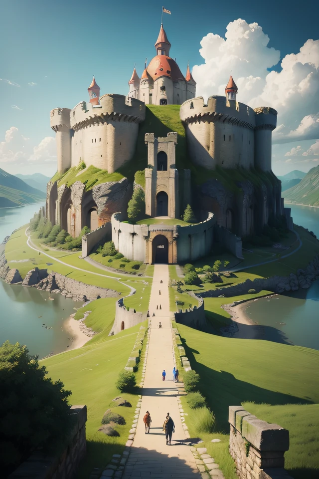 fantasy art, several people walking on a path near large fortress, viewd from above