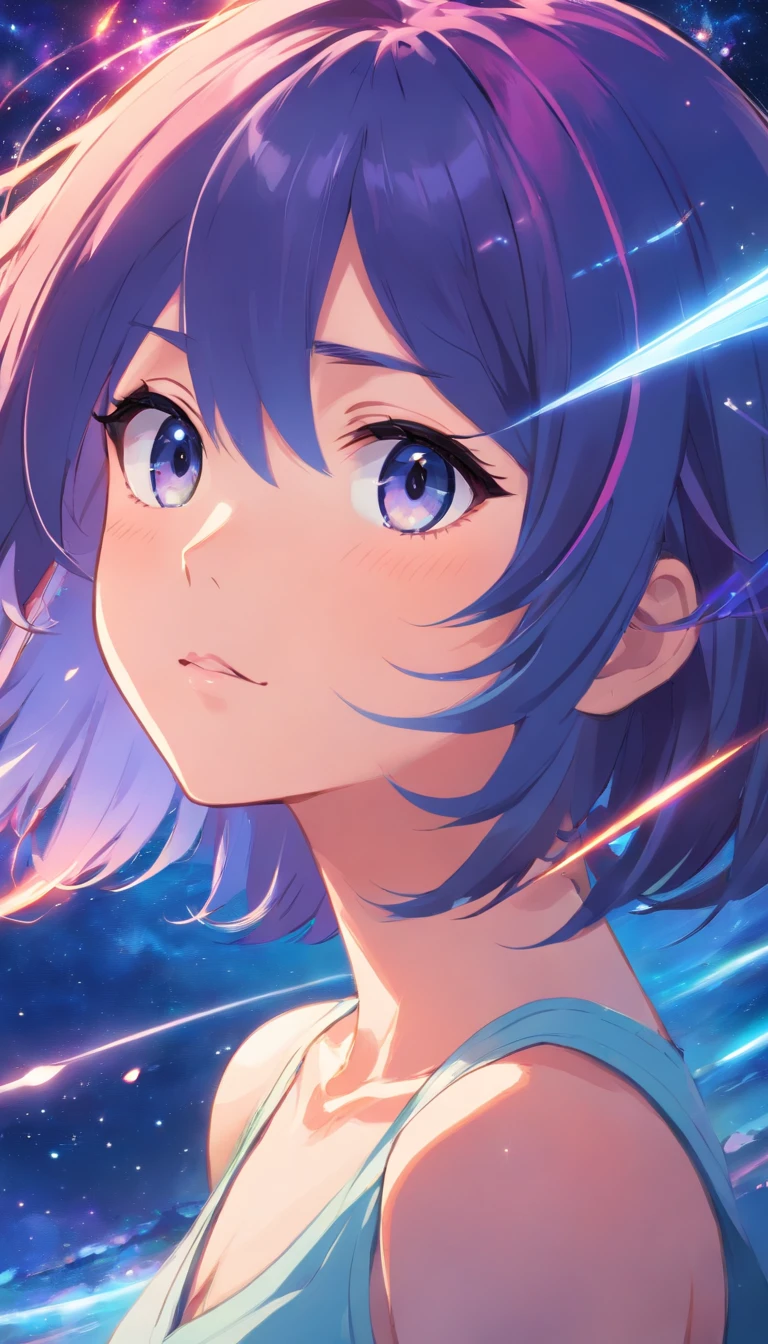Close-up de um homem com cabelo colorido e colar, Anime Girl with Cosmic Hair, Rossdraws soft vibrancy, Arte estilo Gouviz, estilo de arte de fantasia, colorido], estilo de fantasia vibrante, Ross cartoon cheio de vitalidade, cosmic and colorful, Guweiz, Arte de fantasia digital colorida, estilo de arte impressionante, Estilo anime bonito, cabelos brilhantes