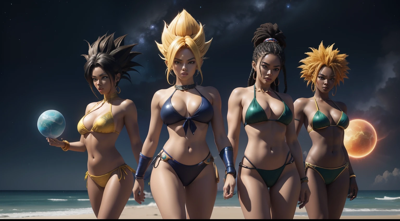 Three women in bikinis running, of an explosion on the beach, e gravata posando para foto, epic 3 d oshun, Estilo afrofuturismo, Realistic bikini, Afrofuturista, afro - estilo futurista, Afro Futurismo Anime |, Futurismo Afro, Anime estilo 3D, deviantart artstation cgscosiety, Afro Futurista, stylized rendering, Cores da Jamaica, epic 3 d yemaya, Woman in Afrofuturist bikini posing for photo, wearing two - piece swimsuit, pele escura, mulher negra, full body shot in bikini, Rainha Africanoa, corpo grande, de pele escura, bikini model, swimsuit model, is wearing a swimsuit, africano, thicc, mulher Africanoa, mulher jovem negra, Jamaican vibe, marrom, afro Dragon Ball Goku Wallpapers Dragon Ball Goku Wallpapers, Goku Feminino, saiyajin, super saiyajin, indo super saiyajin, Super Saiyajin 3, fan art, arte HD, Estilo anime 4K, super saiyajin goku, badass anime 8 k, Estilo de arte de Dragon Ball, Anime HD, Poster de Anime 3D, DBZ, Super Sayan, Super Sayian Goku de corpo inteiro, detalhes muito altos, Dimension 8KNa where the stars collide, the legendary serpent Orochi emerges as the embodiment of the heavenly fury. Your body is a symphony of radiant colors, refletindo o nascimento das estrelas. His eyes glow with cosmic fire and tendrils of energy form an arc around his form like an ethereal ray. The presence of the serpent inspires fear and awe, for it harnesses the power of the cosmos itself. In the midst of a cosmic maelstrom, where spiral galaxies and stars explode, a serpente reina suprema, epics, Cataclysmic and transcendent, Evoking the power of heavenly forces. Estilo: Ultra-realistic digital painting with intricate details and dynamic color interaction. Execution: Renderizada em estilo hiper-realista, Using advanced digital techniques to capture the serpent's complex interstellar environment and celestial energy, Three women in bikini and tie posing for photo, epic 3 d oshun, Estilo afrofuturismo ::n_ , orelha de urso