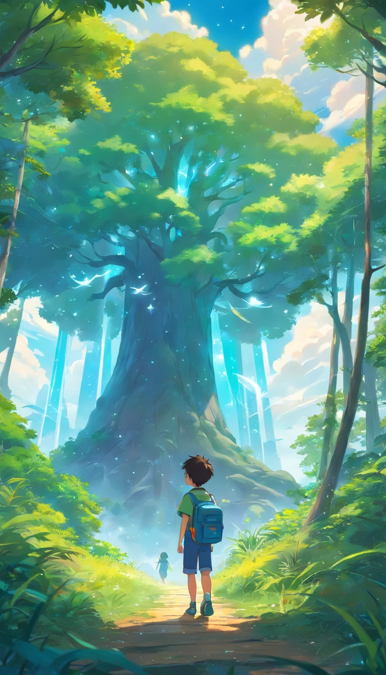Illustration of a hyperrealistic scene, de outro mundo, Ultrasky with full body of a giant crystal tree, Very detailed and magical lighting, detalhes intrincados da floresta, vegetation and river around, solarpunk, Paisagem, giant tree, beautiful leaves with beautiful lighting and realistic proportions, as if it were a cinematic background, 8k, max quality, obra-prima, Clouds and stars in the sky. cartoon boy with backpack and bird in the woods, Arte infantil em Artstation, illustration of children's books, illustration of children's books, illustration for children, Cartoon style illustration, colorful kids book illustration, arte conceitual do menino solteiro, pintura digital dos desenhos animados, arte digital detalhada bonito, illustration of children's books, illustration of children's book, illustration for children's book, painting digital adorable, mobile game art