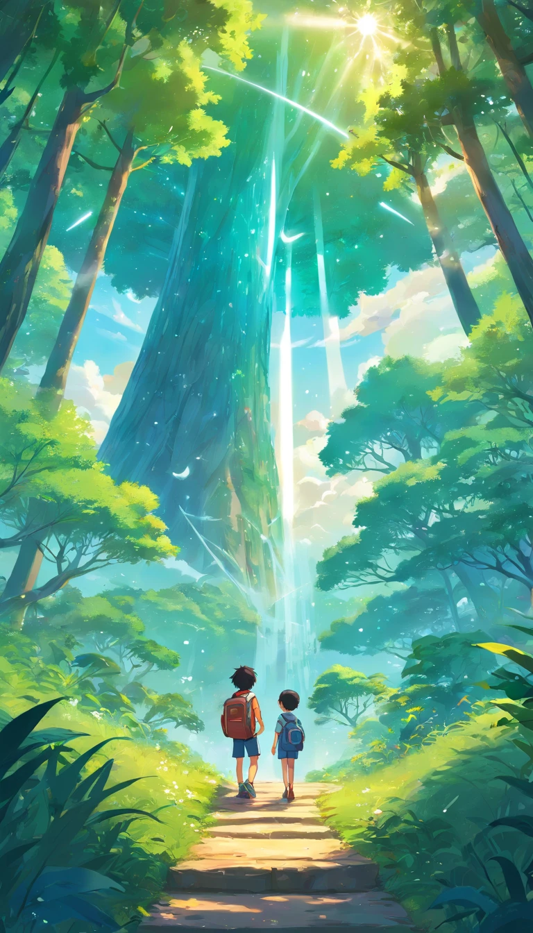 Illustration of a hyperrealistic scene, de outro mundo, Ultrasky with full body of a giant crystal tree, Very detailed and magical lighting, detalhes intrincados da floresta, vegetation and river around, solarpunk, Paisagem, giant tree, beautiful leaves with beautiful lighting and realistic proportions, as if it were a cinematic background, 8k, max quality, obra-prima, Clouds and stars in the sky. cartoon boy with backpack and bird in the woods, Arte infantil em Artstation, illustration of children's books, illustration of children's books, illustration for children, Cartoon style illustration, colorful kids book illustration, arte conceitual do menino solteiro, pintura digital dos desenhos animados, arte digital detalhada bonito, illustration of children's books, illustration of children's book, illustration for children's book, painting digital adorable, mobile game art