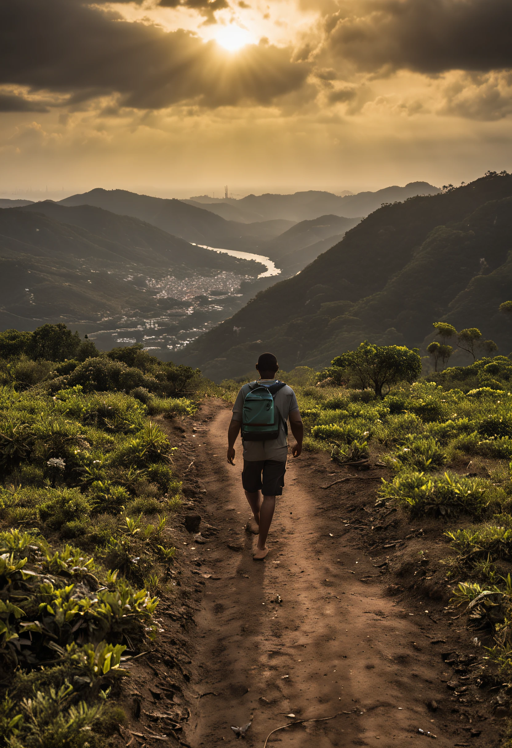 um jovem homem olhando para o futuro, no meio entre estradas, tem 2 caminhos um cheio de desafios largo, fogo e outro caminho bonito com florestas e alegria, mas estreito, fundo de ceu, sol e anjos