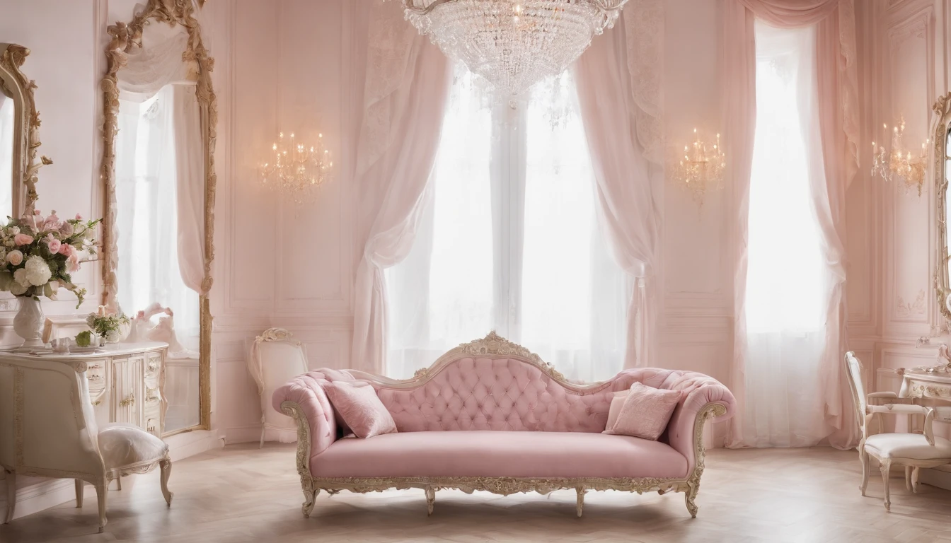 Foto RAW, Melhor, master part, best quality, alta qualidade, extremely detailed there RAW photo, best quality, A bedroom with a pink sofa and chair and a chandelier, cortinas drapeadas cor-de-rosa, elegante e ornamentado, luxurious setting, ricamente decorado, extremamente opulento , Luxurious Baroque Rococo setting, ornamentado e elegante, ornate and flowing, Estilo vitoriano, elegante e extremamente ornamental,