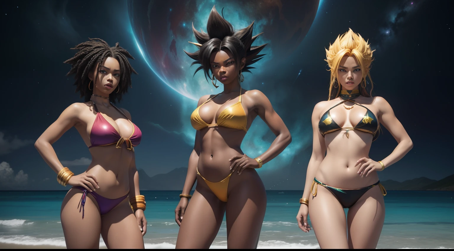 Three women in bikinis running, of an explosion on the beach,  e gravata posando para foto, epic 3 d oshun, Estilo afrofuturismo, Realistic bikini, Afrofuturista, afro - estilo futurista, Afro Futurismo Anime |, Futurismo Afro, Anime estilo 3D, deviantart artstation cgscosiety, Afro Futurista,   stylized rendering, Cores da Jamaica, epic 3 d yemaya, Woman in Afrofuturist bikini posing for photo, wearing two - piece swimsuit, pele escura, mulher negra, full body shot in bikini, Rainha Africanoa, corpo grande, de pele escura, bikini model, swimsuit model, is wearing a swimsuit, africano, thicc, mulher Africanoa, mulher jovem negra, Jamaican vibe, marrom, afro Dragon Ball Goku Wallpapers Dragon Ball Goku Wallpapers, Goku Feminino, menina saiyajin, super saiyajin, indo super saiyajin, Super Saiyajin 3, fan art, arte HD, Estilo anime 4K, super saiyajin goku, badass anime 8 k, Estilo de arte de Dragon Ball, Anime HD, Poster de Anime 3D, DBZ, Super Sayan, Super Sayian Goku de corpo inteiro, detalhes muito altos, Dimension 8KNa where the stars collide, the legendary serpent Orochi emerges as the embodiment of the heavenly fury. Your body is a symphony of radiant colors, refletindo o nascimento das estrelas. His eyes glow with cosmic fire and tendrils of energy form an arc around his form like an ethereal ray. The presence of the serpent inspires fear and awe, for it harnesses the power of the cosmos itself. In the midst of a cosmic maelstrom, where spiral galaxies and stars explode, a serpente reina suprema, epics, Cataclysmic and transcendent, Evoking the power of heavenly forces. Estilo: Ultra-realistic digital painting with intricate details and dynamic color interaction. Execution: Renderizada em estilo hiper-realista, Using advanced digital techniques to capture the serpent's complex interstellar environment and celestial energy, Three women in bikini and tie posing for photo, epic 3 d oshun, Estilo afrofuturismo ::n_   , orelha de urso