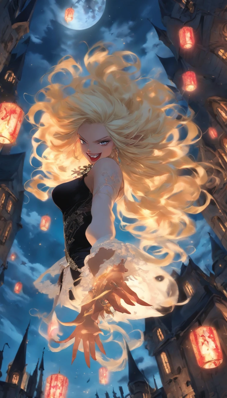 Create an image of a vampire woman, a descendant of the royal family of the magical world, floating in the air. The woman has long blonde hair, blue eyes, and is wearing a black dress with white lace decorations. In the background are moonlit old castles and forests. The image is composed as seen diagonally from above, and the woman is radiating magic toward the camera. Images should have strong contrast between light and dark and use colors such as red, black, and white. The images are anime-style, and the women have an atmosphere of strength and beauty.