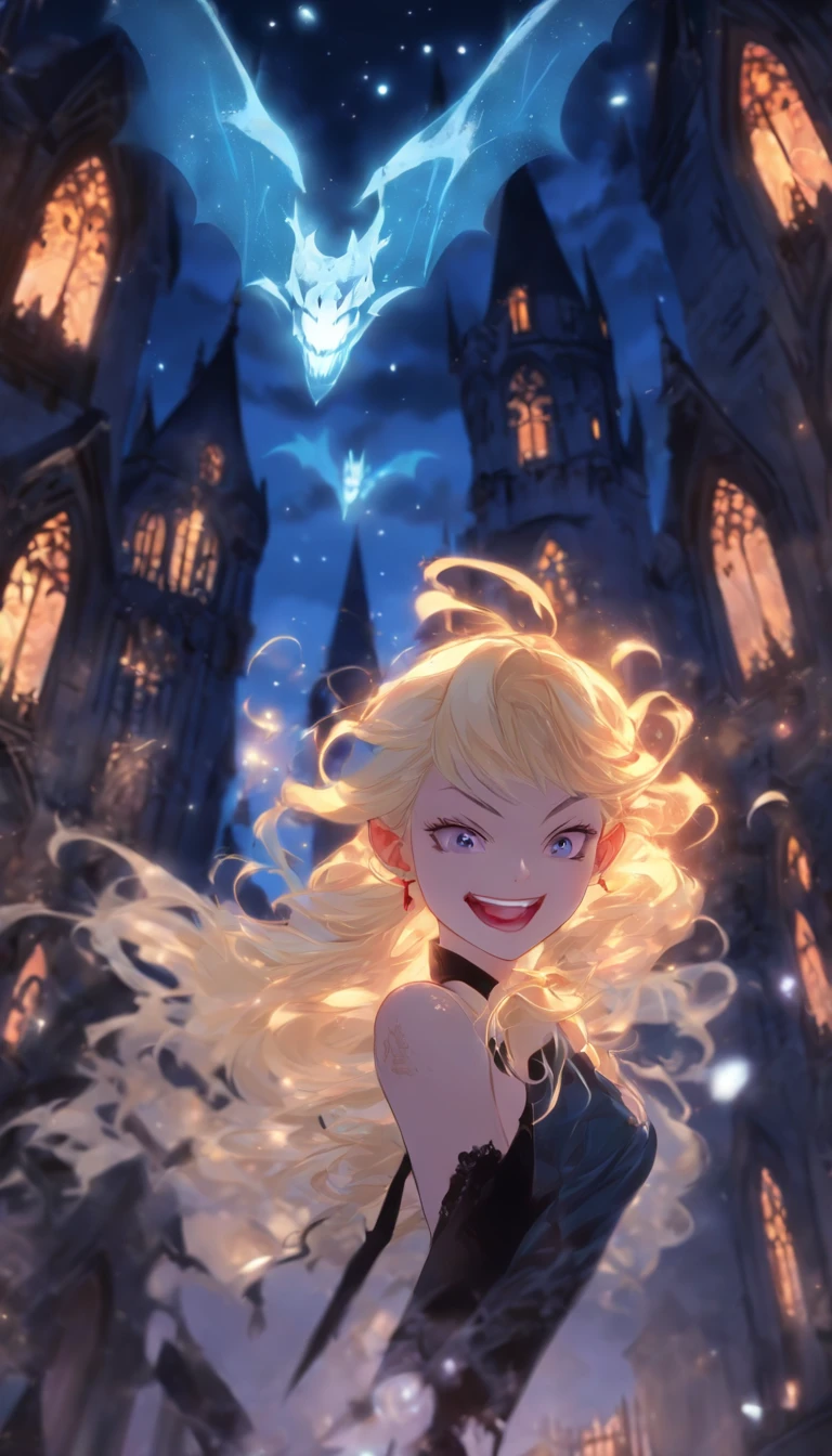 Create an image of a vampire woman, a descendant of the royal family of the magical world, floating in the air. The woman has long blonde hair, blue eyes, and is wearing a black dress with white lace decorations. In the background are moonlit old castles and forests. The image is composed as seen diagonally from above, and the woman is radiating magic toward the camera. Images should have strong contrast between light and dark and use colors such as red, black, and white. The images are anime-style, and the women have an atmosphere of strength and beauty.