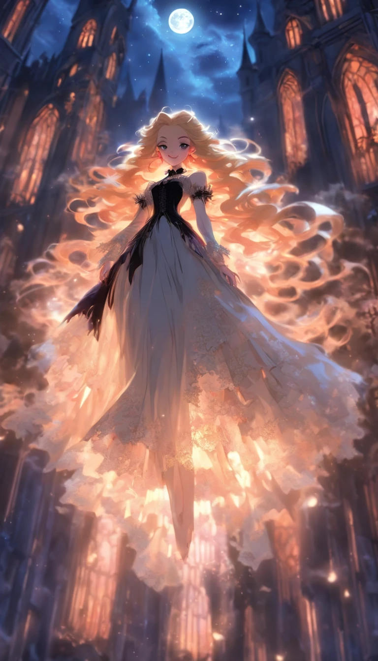 Create an image of a vampire woman, a descendant of the royal family of the magical world, floating in the air. The woman has long blonde hair, blue eyes, and is wearing a black dress with white lace decorations. In the background are moonlit old castles and forests. The image is composed as seen diagonally from above, and the woman is radiating magic toward the camera. Images should have strong contrast between light and dark and use colors such as red, black, and white. The images are anime-style, and the women have an atmosphere of strength and beauty.