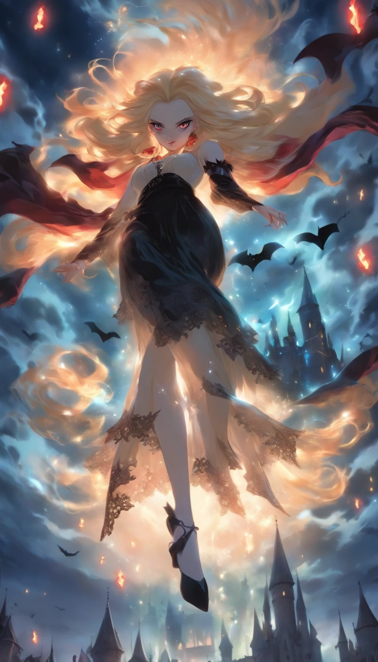 Create an image of a vampire woman, a descendant of the royal family of the magical world, floating in the air. The woman has long blonde hair, blue eyes, and is wearing a black dress with white lace decorations. In the background are moonlit old castles and forests. The image is composed as seen diagonally from above, and the woman is radiating magic toward the camera. Images should have strong contrast between light and dark and use colors such as red, black, and white. The images are anime-style, and the women have an atmosphere of strength and beauty.