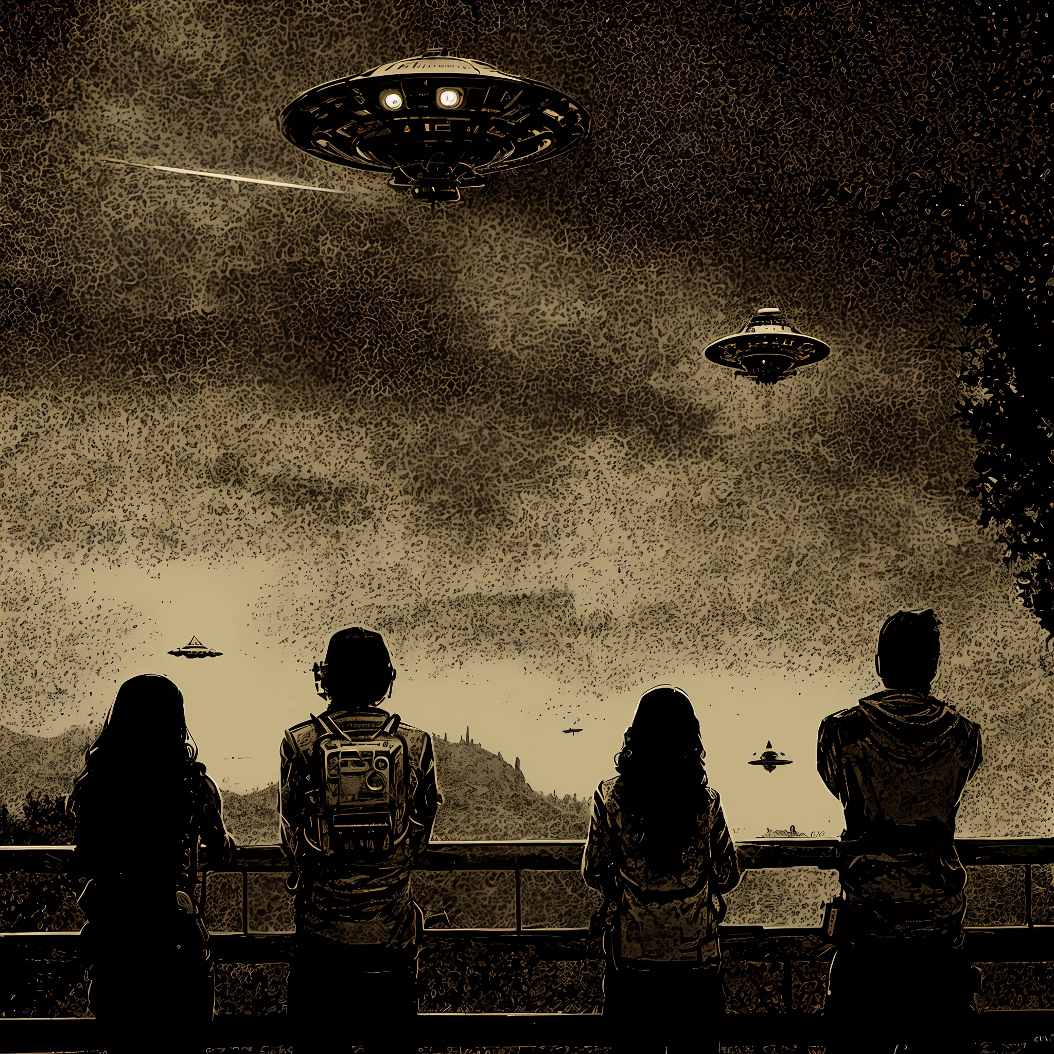 People are watching a big painting of a spaceship flying over them, populated with aliens and people, Retro Sci - Imagem de FI, Olhando para naves espaciais no cais, Ovnis, aliens in the background, ufo aliens, depicted as a scifi scene, space ship in the distance, of a family leaving a spaceship, OVNI, Espectadores, illustration scifi pulp