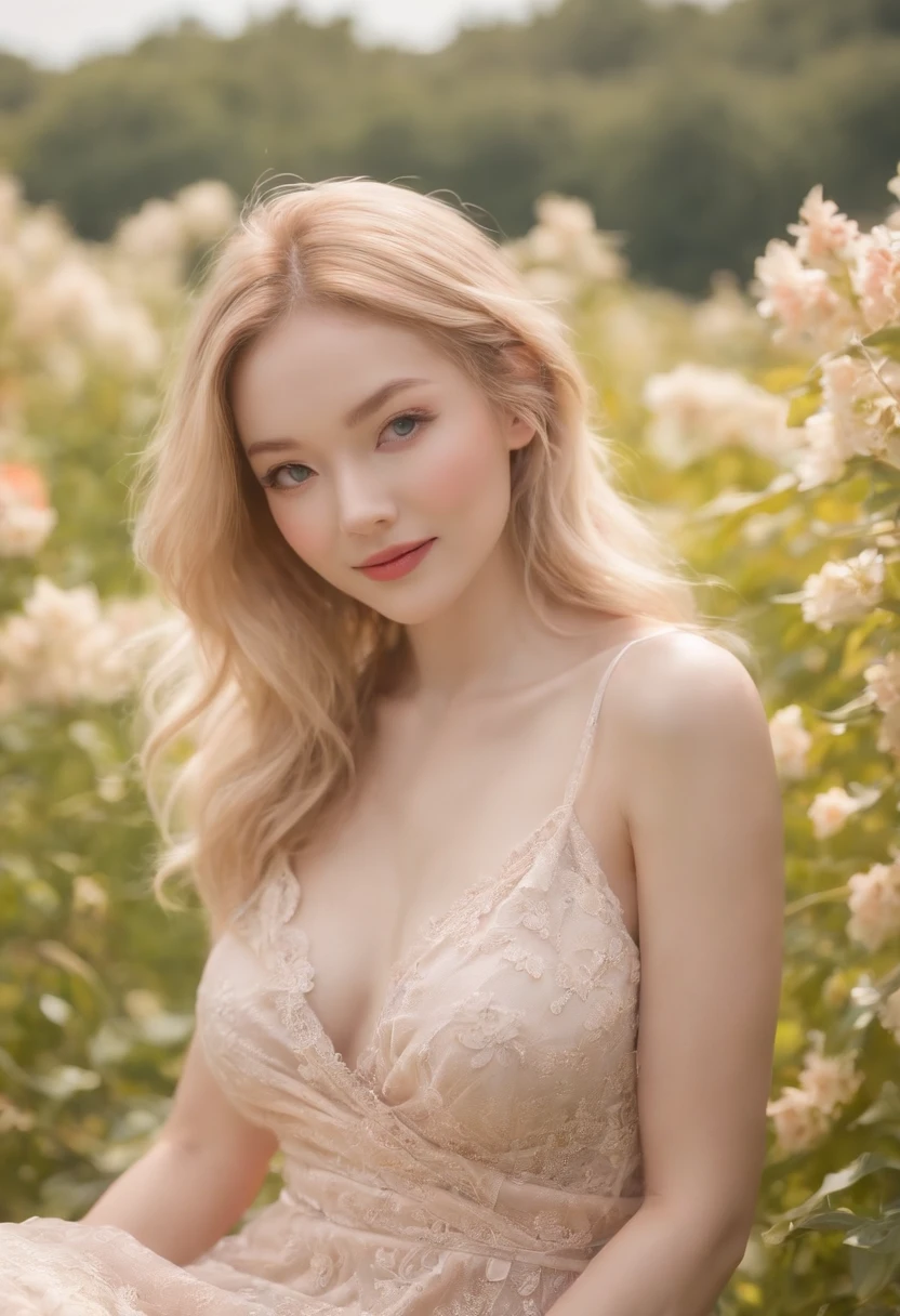 (masutepiece, Impressive portraits:1.3), (Seductive image of a blonde in a flower garden:1.2), (Камера Canon EOS 5D Mark IV, It is famous for its bright colors and rich texture:1.2), (Paired with Canon EF 35mm F/1.4L II USM lens for versatile compositions:1.2), (flowing, voluminous blond hair, Picked up by the breeze, Adding dynamism:1.1), (glow blue eyes, Reflect the shadow of the sky:1.1), (face perfect, Exude perfection:1.1), (Knee-length sundress, Filled with a kaleidoscope of colors:1.1), (Her cheerful smile radiated pure happiness:1.1), (Playful dress movements, To catch the light:1.1), (Combine wild colors to create striking backgrounds:1.1), (Sun-drenched field, Draw a fun atmosphere:1.1), (Camera Sensor、Captures the intricate texture of her hair and fabric:1.1), (lens, Emphasizes her seductive smile and bright attire:1.1), (moment, To capture carefree joy in nature:1.1), (The synergy of color and emotion in one frame:1.1), (portrait of the, Capture the essence of the radiant spirit in a blooming landscape:1.1)、One lady、bustup、full body Esbian、Colossal tits、