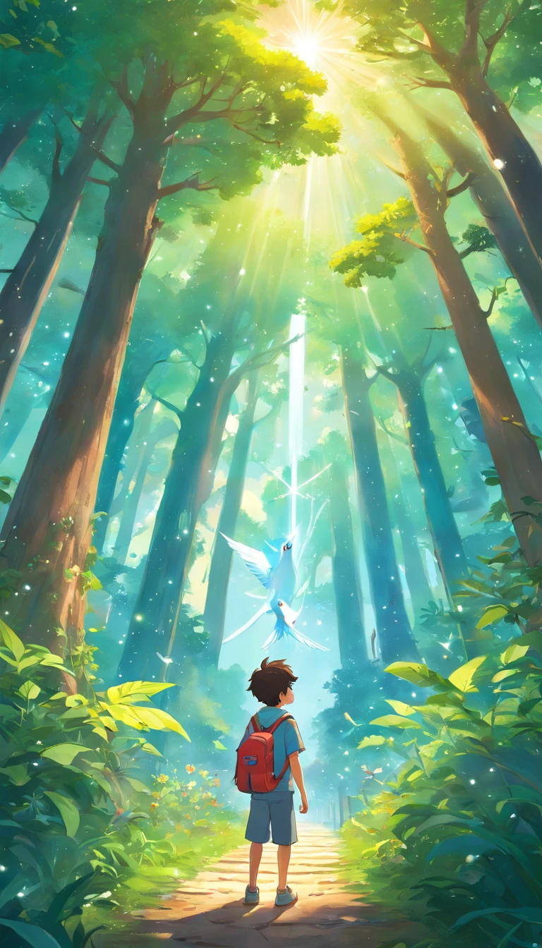Illustration of a hyperrealistic scene, de outro mundo, Ultrasky with full body of a giant crystal tree, Very detailed and magical lighting, detalhes intrincados da floresta, vegetation and river around, solarpunk, Paisagem, giant tree, beautiful leaves with beautiful lighting and realistic proportions, as if it were a cinematic background, 8k, max quality, obra-prima, Clouds and stars in the sky. cartoon boy with backpack and bird in the woods, Arte infantil em Artstation, illustration of children's books, illustration of children's books, illustration for children, Cartoon style illustration, colorful kids book illustration, arte conceitual do menino solteiro, pintura digital dos desenhos animados, arte digital detalhada bonito, illustration of children's books, illustration of children's book, Illustration for children's book, painting digital adorable, mobile game art, only with a male character