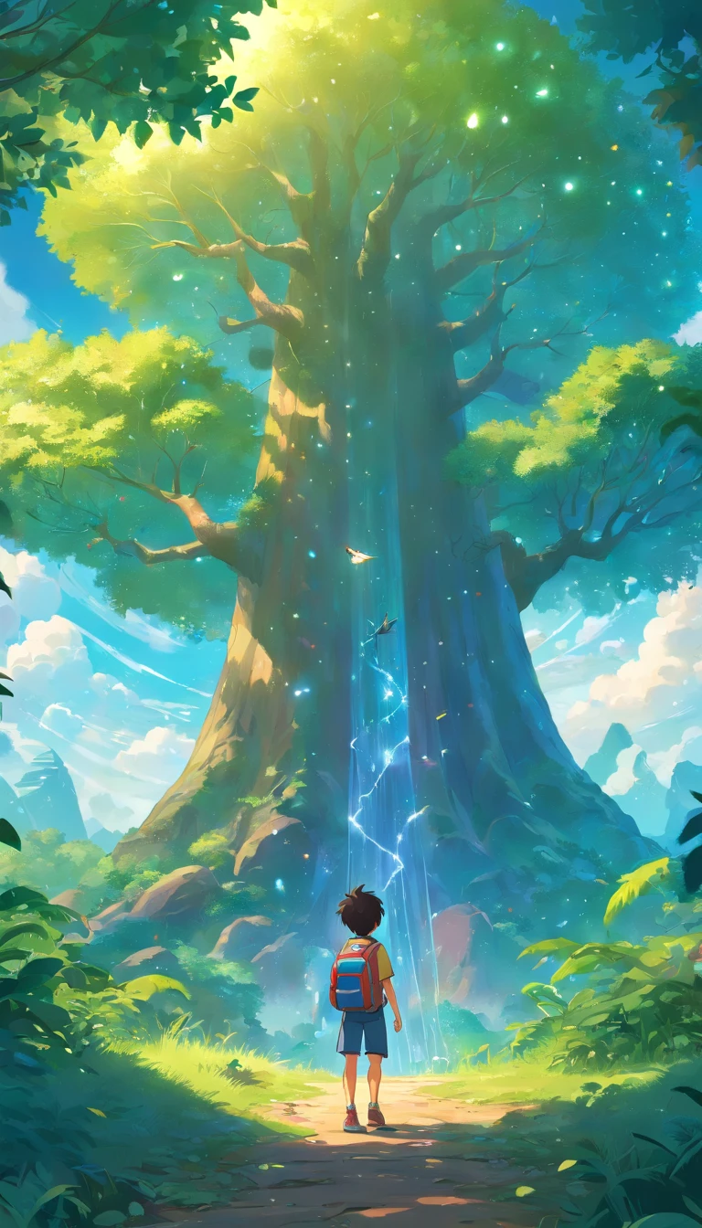 Illustration of a hyperrealistic scene, de outro mundo, Ultrasky with full body of a giant crystal tree, Very detailed and magical lighting, detalhes intrincados da floresta, vegetation and river around, solarpunk, Paisagem, giant tree, beautiful leaves with beautiful lighting and realistic proportions, as if it were a cinematic background, 8k, max quality, obra-prima, Clouds and stars in the sky. cartoon boy with backpack and bird in the woods, Arte infantil em Artstation, illustration of children's books, illustration of children's books, illustration for children, Cartoon style illustration, colorful kids book illustration, arte conceitual do menino solteiro, pintura digital dos desenhos animados, arte digital detalhada bonito, illustration of children's books, illustration of children's book, Illustration for children's book, painting digital adorable, mobile game art, only with a male character