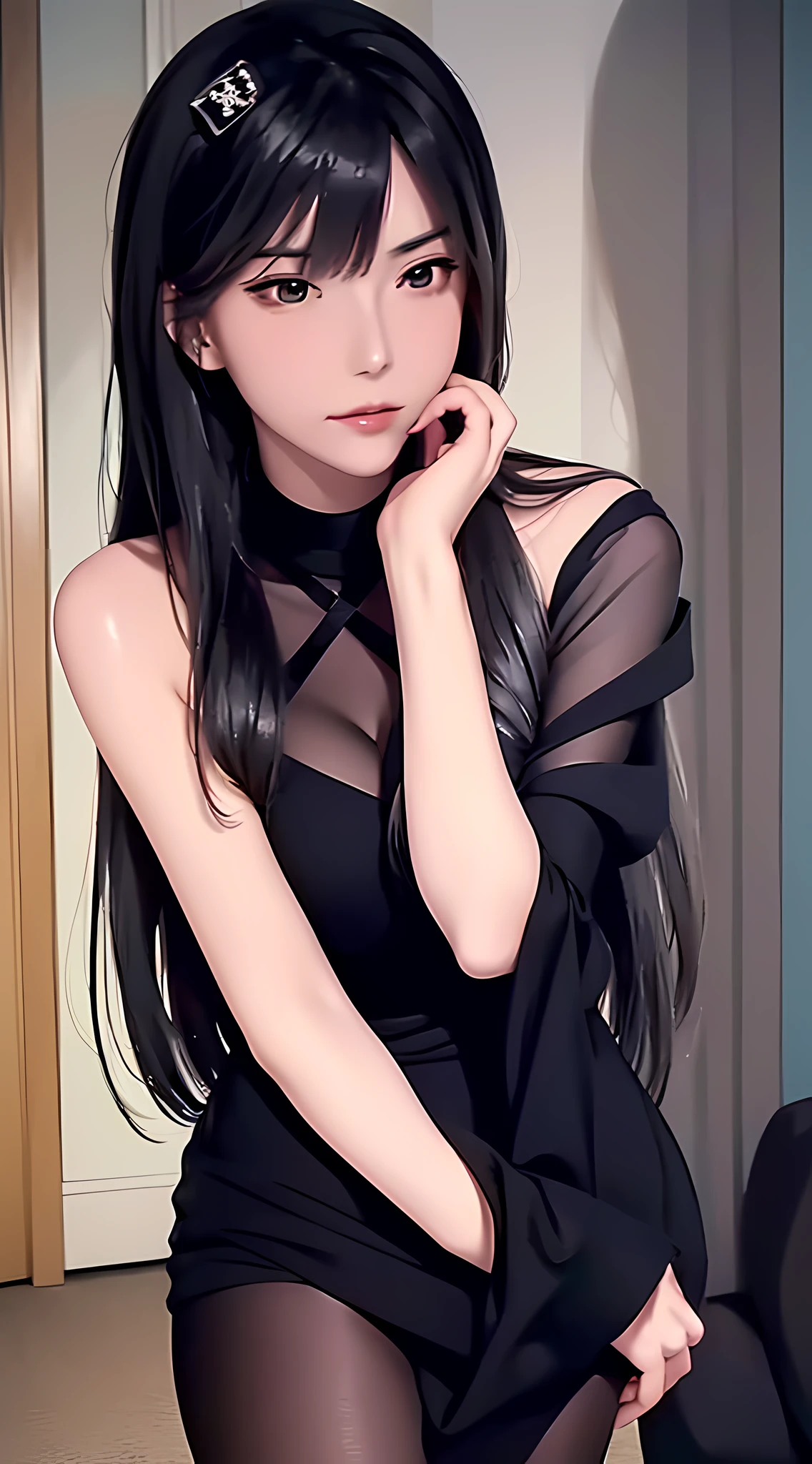 anime - style image of a woman in a black dress, anime girl wearing a black dress, fully clothed. painting of sexy, she is wearing a black dress, cute anime waifu in a nice dress, from girls frontline, seductive anime girl, smooth anime cg art, photorealistic anime girl render, trending on cgstation