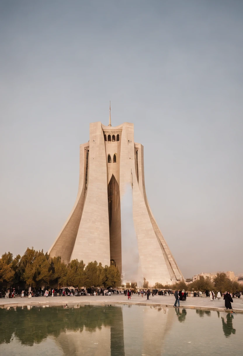 Tehran's Azadi tower is full of Iranian men and women's enthusiasm for freedom, the sunrise, the sky with colorful clouds and the flight of white crows.