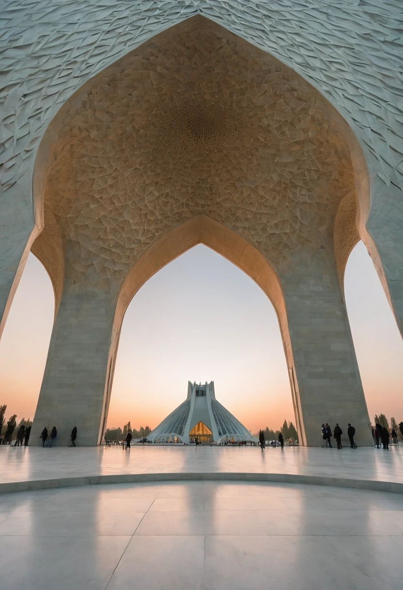 Tehran's Azadi tower is full of Iranian men and women's enthusiasm for freedom, the sunrise, the sky with colorful clouds and the flight of white crows.