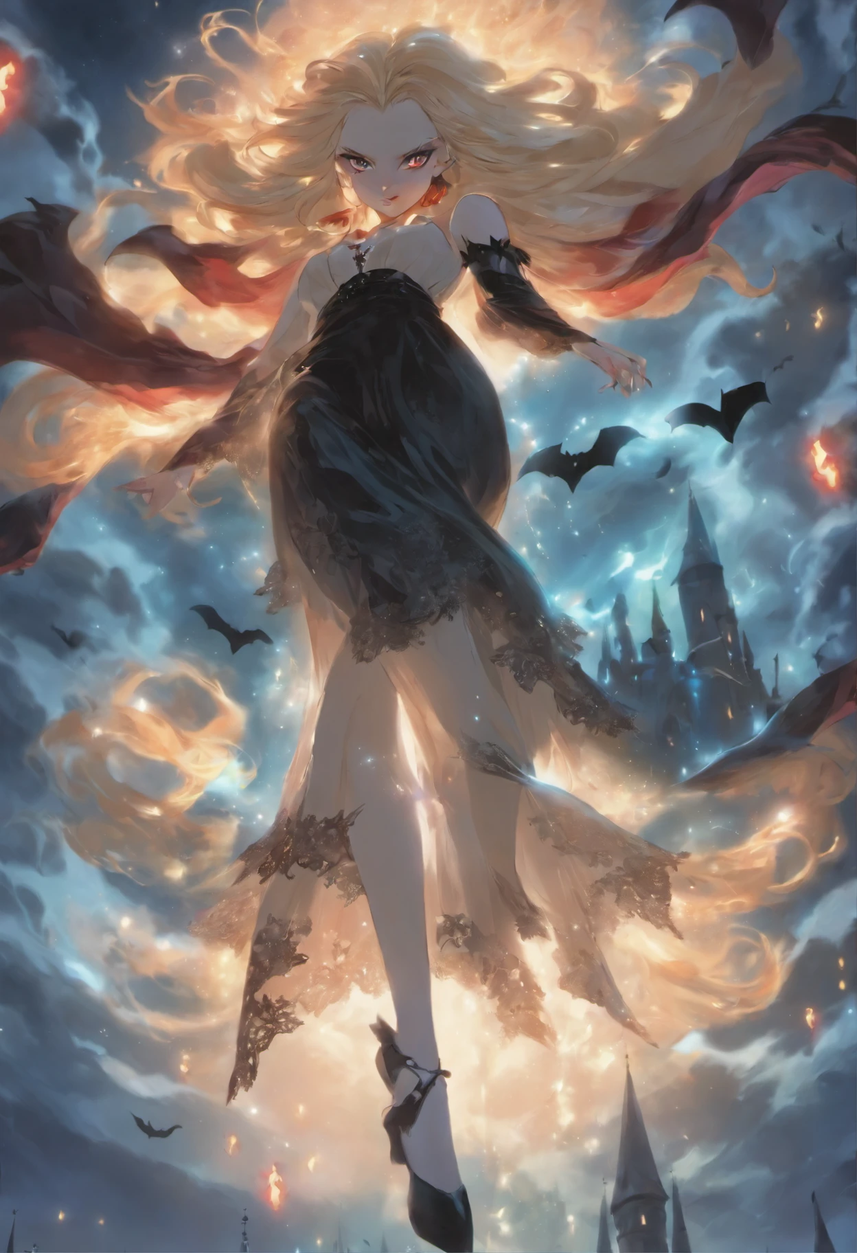Create an image of a vampire woman, a descendant of the royal family of the magical world, floating in the air. The woman has long blonde hair, blue eyes, and is wearing a black dress with white lace decorations. In the background are moonlit old castles and forests. The image is composed as seen diagonally from above, and the woman is radiating magic toward the camera. Images should have strong contrast between light and dark and use colors such as red, black, and white. The images are anime-style, and the women have an atmosphere of strength and beauty.