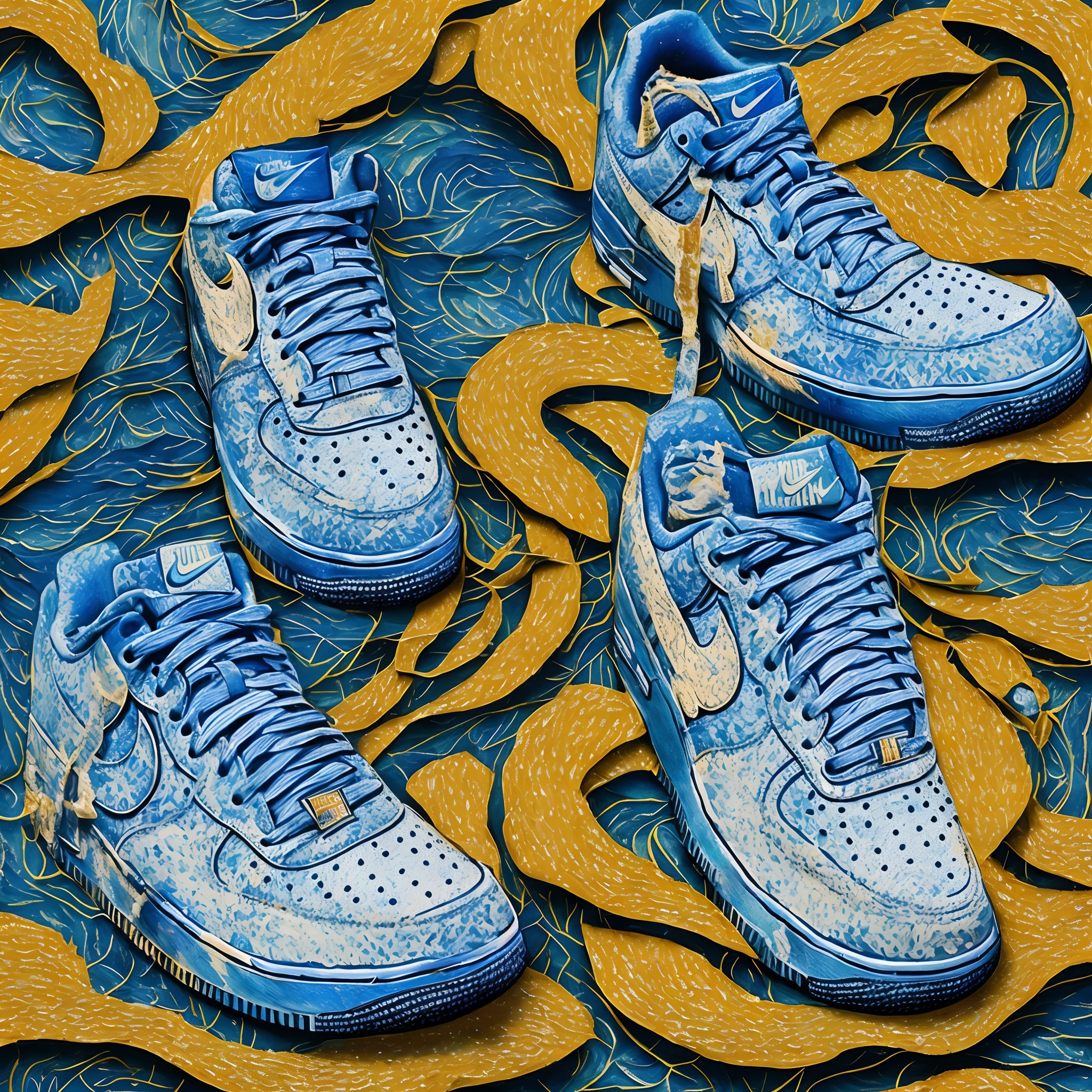 Nike Air Force One, product concept, full detailed, colored based in Van Gogh color pallet, soft focus, perfect framework, f/1.3, perfect polishing, 3D render