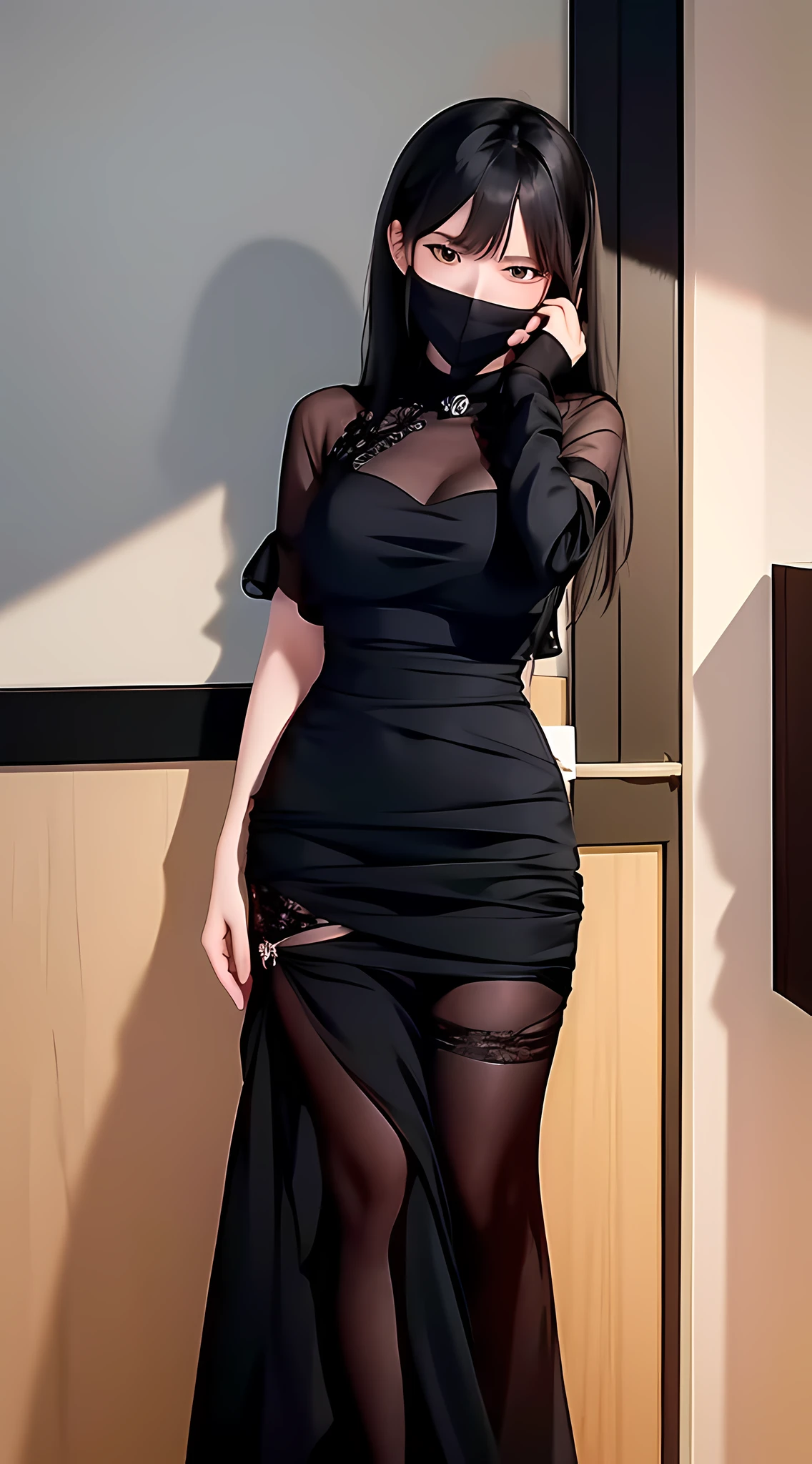 anime - there is a 1 women standing with a mask on, style image of a woman in a black dress, anime girl wearing a black dress, fully clothed. painting of sexy, she is wearing a black dress, cute anime waifu in a nice dress, from girls frontline, seductive anime girl, smooth anime cg art, photorealistic anime girl render, trending on cgstation