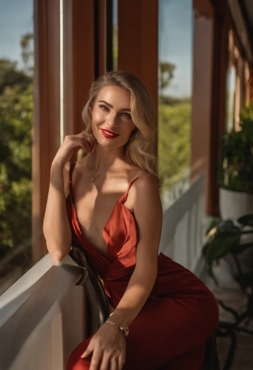Uma mulher jovem e bonita, blonde hair that falls gently in waves up to the shoulders, altura mediana, olhos grandes e verdes, pele clara, She is in front of a glass-fronted building, she's wearing an elegant tailleur, She's the CEO of the company., it's summer morning, ela sorri mostrando os dentes, foto de corpo inteiro, Sunlight enhances your hair, seu semblante esta naturalmente sereno, half-open lips with red lipstick, Textura 8K, altamente detalhados, realista, soft Cinematic Light, HDR, sharp fokus, obra-prima, fotorrealista, fotografia premiada, Canon EOS R5, 35 mm.