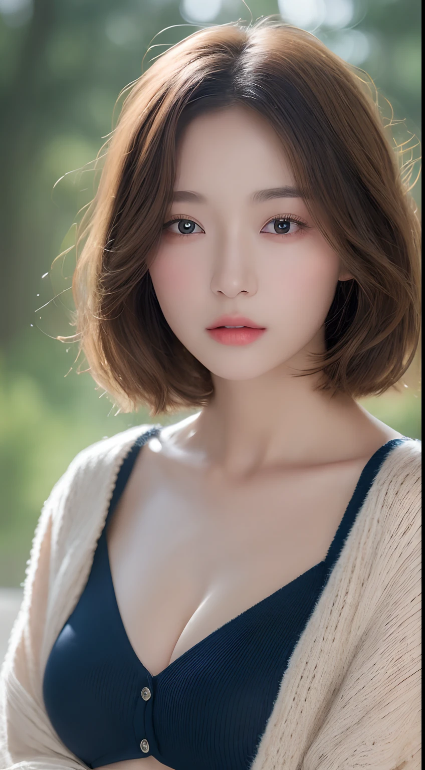 ((Best quality, 8k, Masterpiece :1.3)), 1girl, Pretty woman with slender abs :1.3, (Medium-short hair, Huge breasts :1.2), Cardigan :1.1, Ultra-detailed face, Detailed eyes, Double eyelid