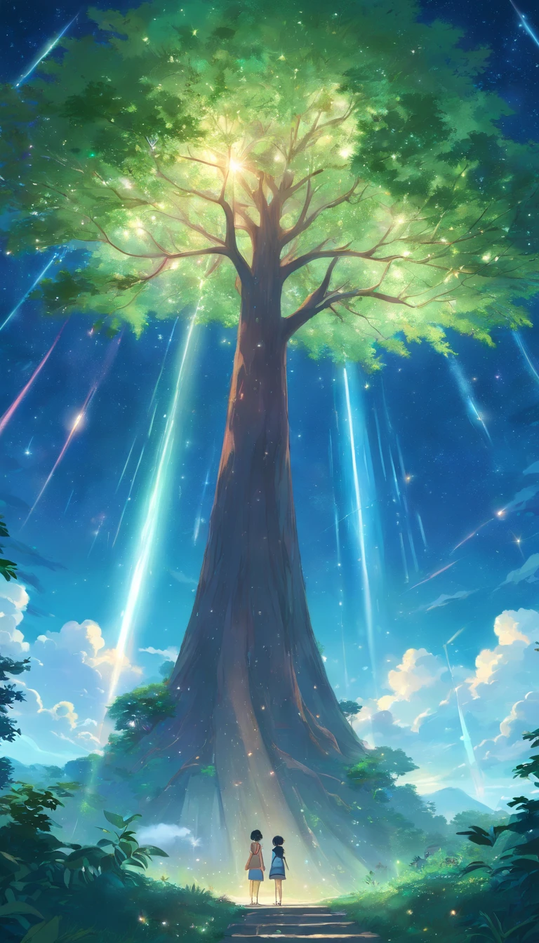 Illustration of a hyperrealistic scene, de outro mundo, Ultrasky with full body of a giant crystal tree, Very detailed and magical lighting, detalhes intrincados da floresta, vegetation and river around, solarpunk, Paisagem, giant tree, beautiful leaves with beautiful lighting and realistic proportions, as if it were a cinematic background, 8k, max quality, obra-prima, Clouds and stars in the sky.,no child
