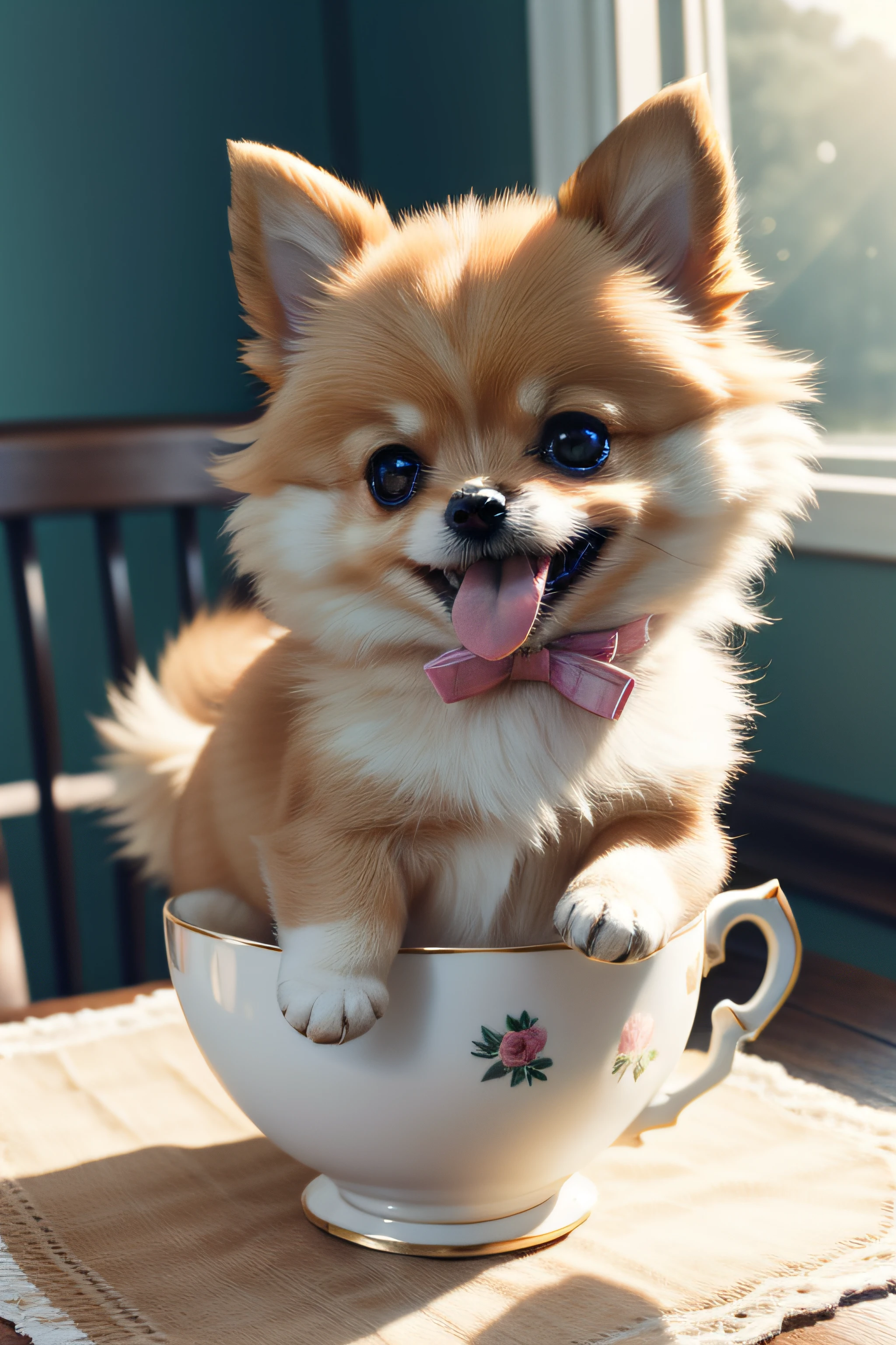 Pomeranian, (((Small)))), in a teacup, Face out, Tongue out, Front paws out, 8k, Professional photo, delicate, clear, on the table, in the house, sunshine, light leak, masterpiece, ((((Pretty))), Fashionable Teacup, (Reality))))