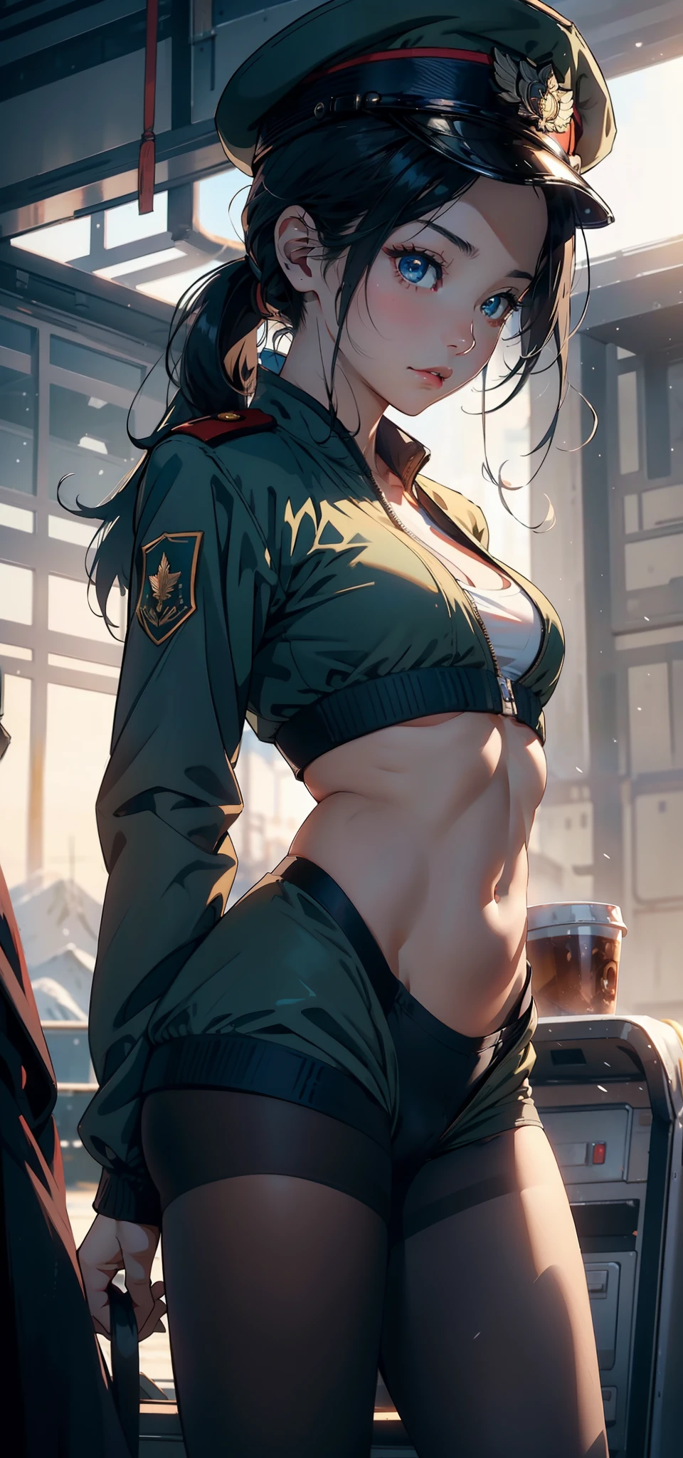 1female,3 ,Small loli,smallunderboob, 独奏,(Background with:aerodrome,Planes,snow mountains,at winter season,Snow on the ground) She has long black hair,Double ponytail standing on the plane,,seen from the front, hair straight, mostly cloudy sky,(((tmasterpiece),(Very detailed CG unity 8K wallpaper),best qualtiy,cinmatic lighting,detailed back ground,beatiful detailed eyes,Bright pupils,Blue eyes,(Very fine and beautiful),(Beautiful and detailed eye description),ultra - detailed,tmasterpiece,)),facing at camera,A high resolution,ultra - detailed),revealing breasts,Bare genitalia, Bulge,legs are open,Raised sexy,Camel toes,Flushed complexion,Desire for dissatisfaction,frontage,Soviet Air Force,Officer's cap(Wearing:Dark green bomber jacket,Black pantyhose)